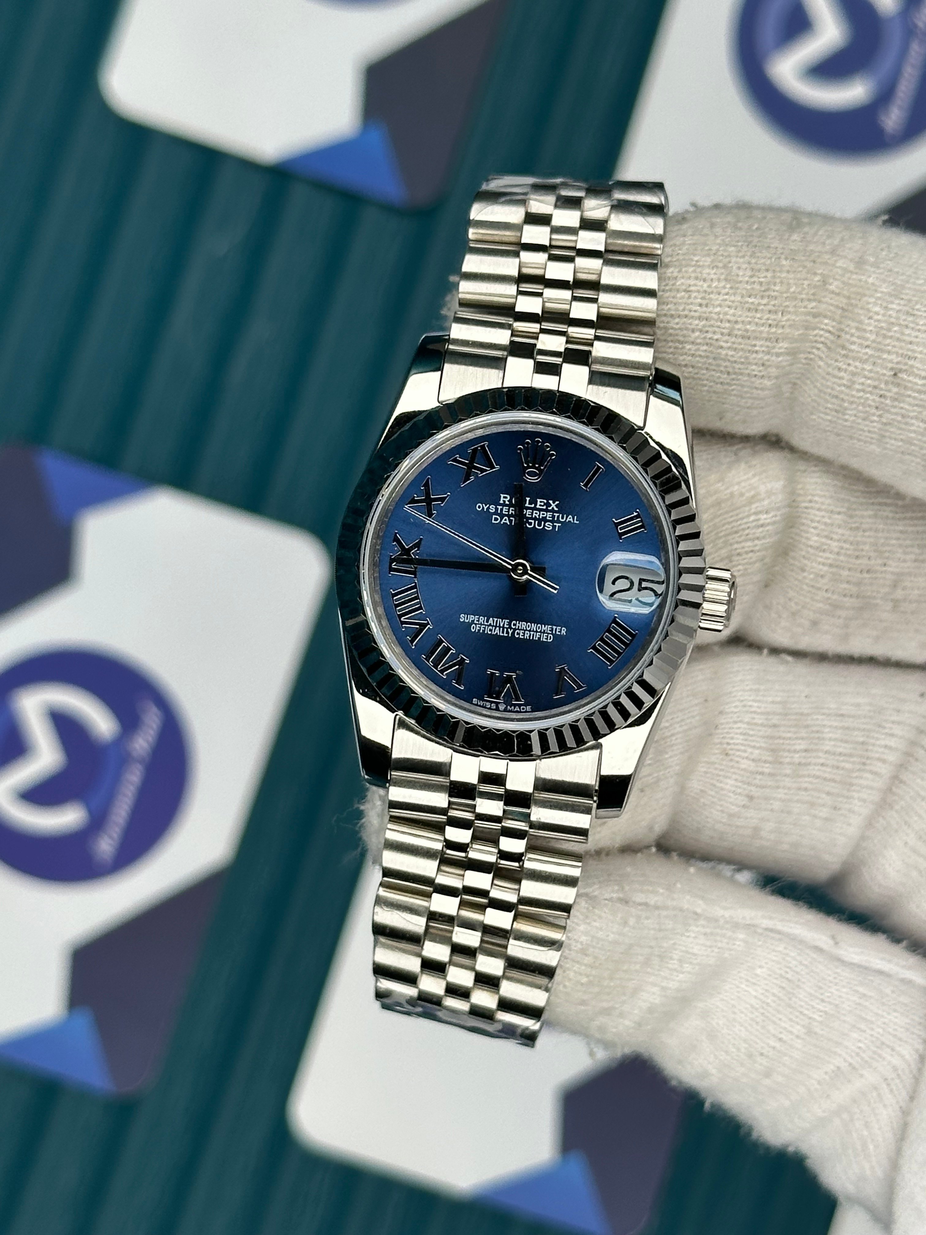 ROLEX 31 BLUE DIAL ROMA INDEX SILVER JUBILEE