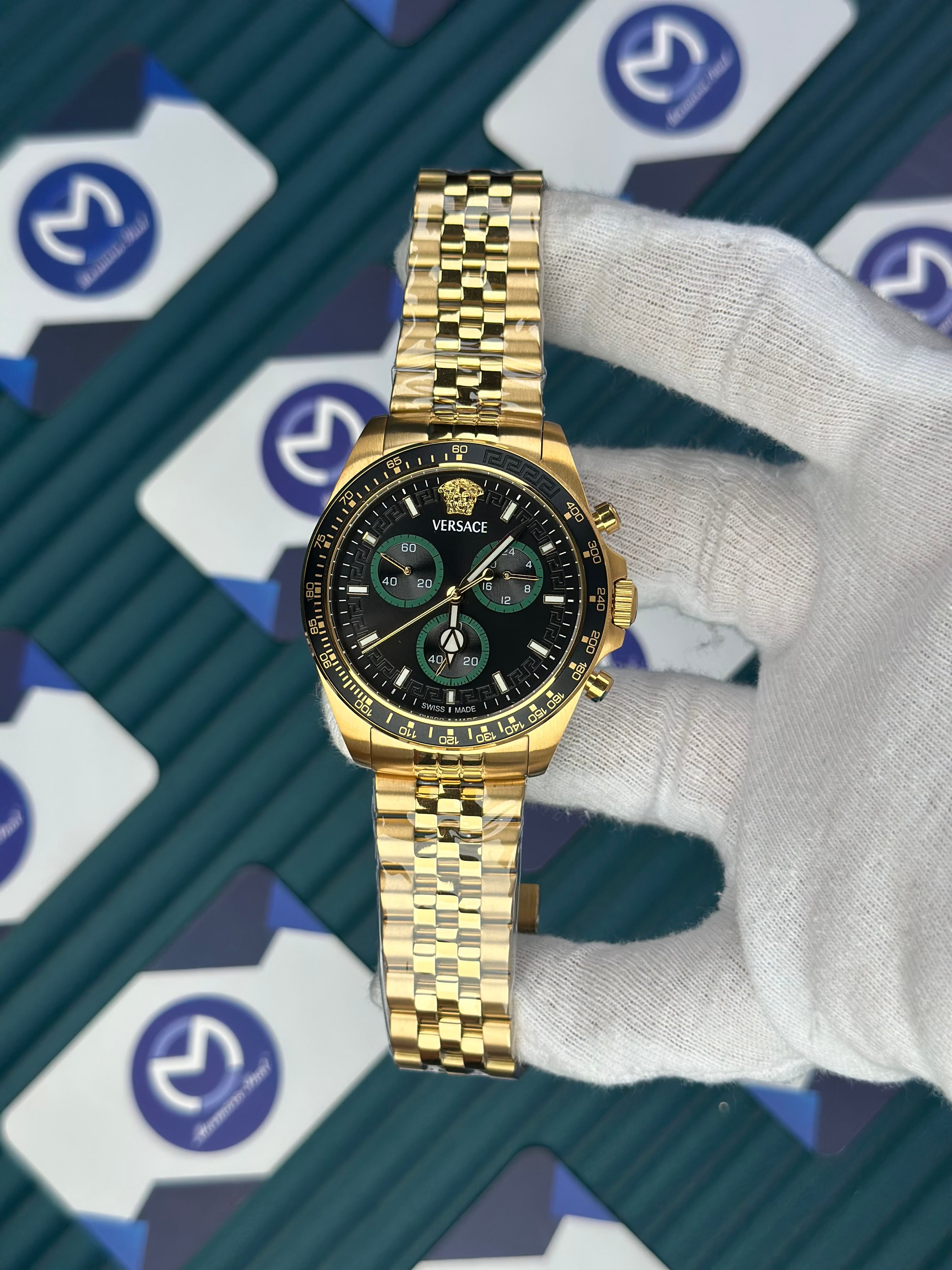 VERSACE NEW BLACK DIAL CHRONOGRAPH GOLD JUBILE