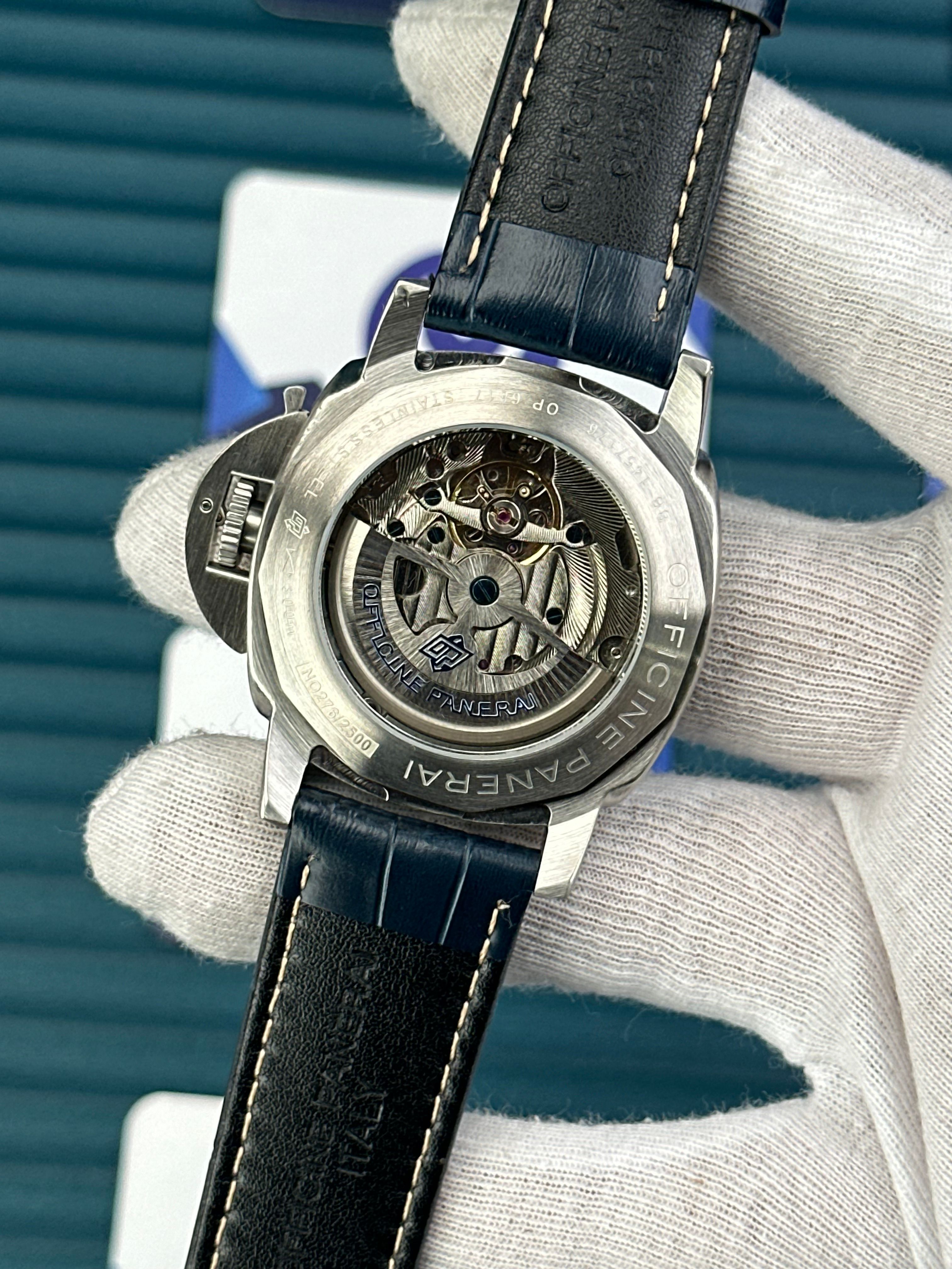 LUMINOR MARINA PANERAI SILVER CASE BLUE DIAL NAVY BLUE LEATHER CORD