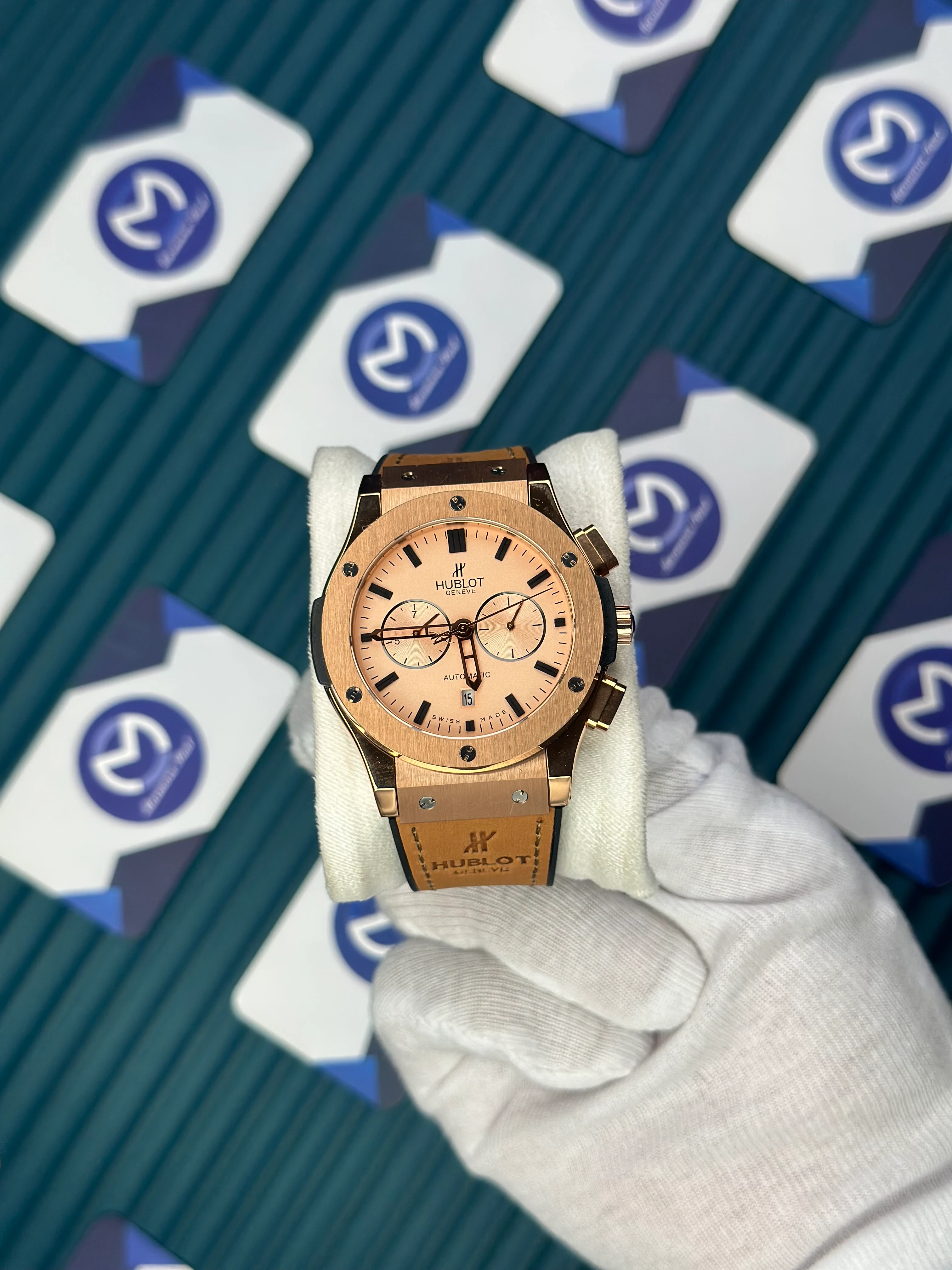 HUBLOT AUTOMATIC CLASSIC FUSHION VENDOME BEIGE DIAL ROSE CASE LIGHT BROWN LEATHER CORD 