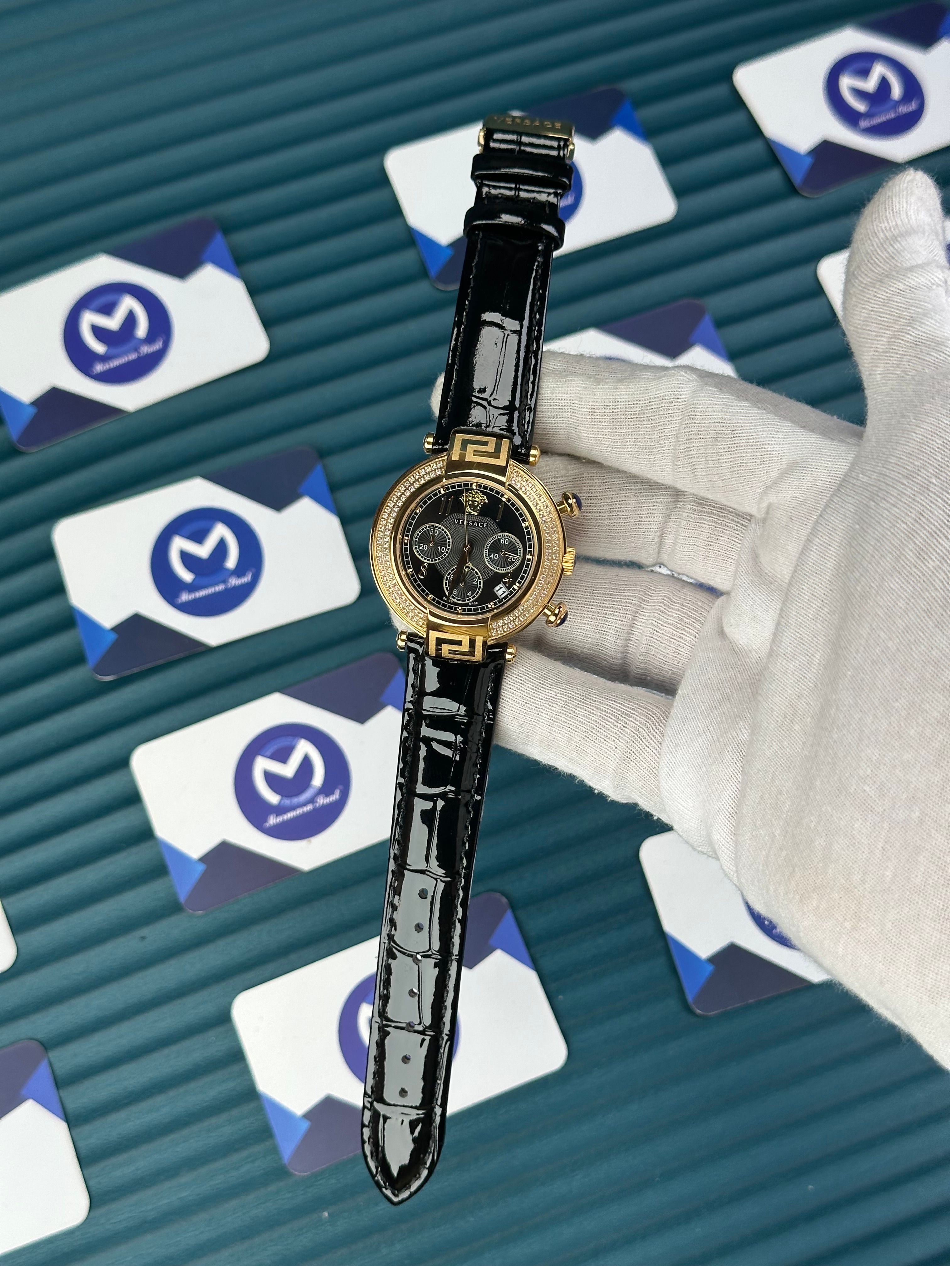 VERSACE 38 BLACK DIAL GOLD CASE DIAMOND BEZEL BLACK LEATHER CORD