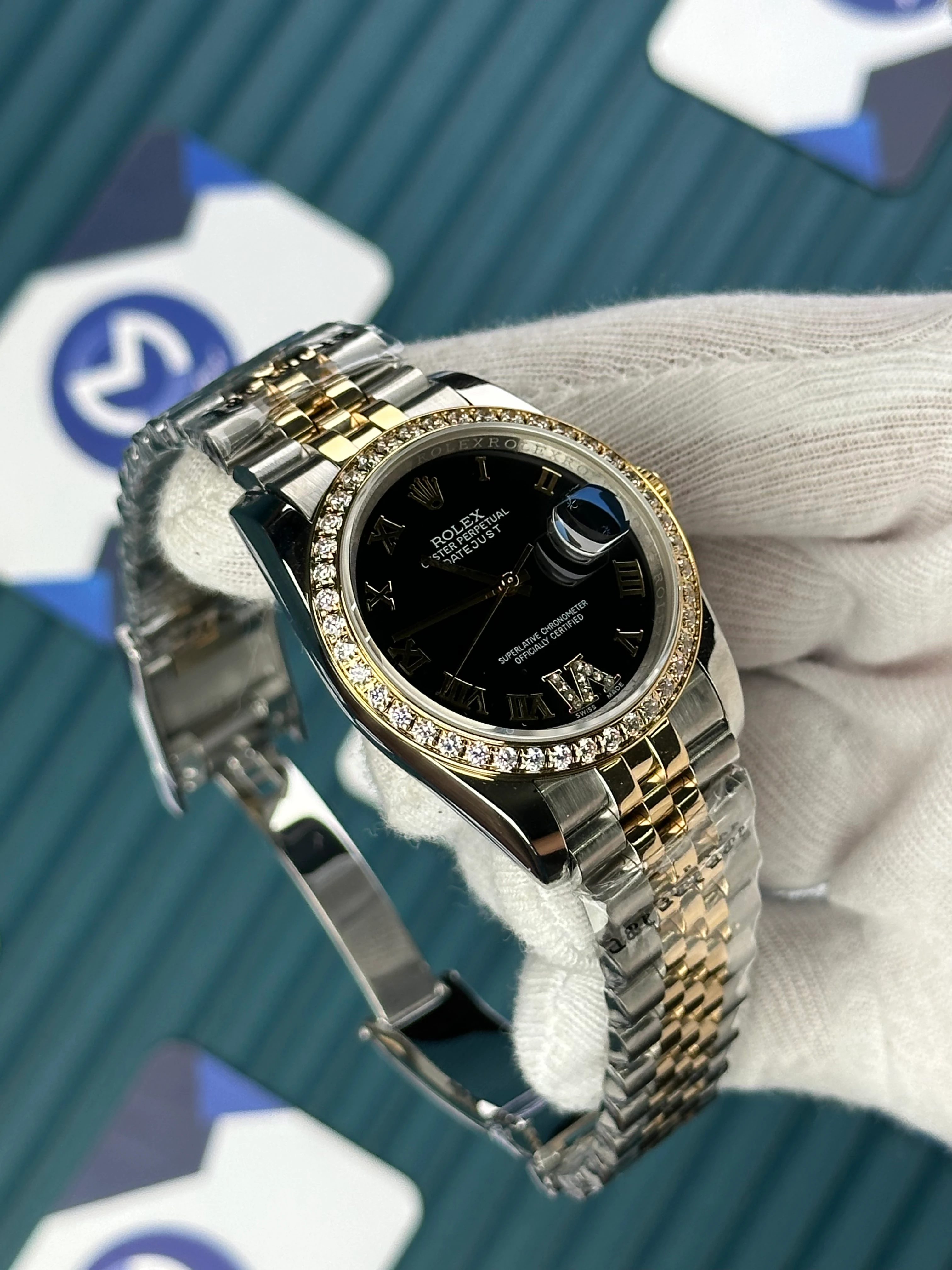 ROLEX 36 MM DATEJUST BLACK DIAL ROMA DIAMOND INDEX DIAMOND BEZEL GOLD-SILVER JUBILE