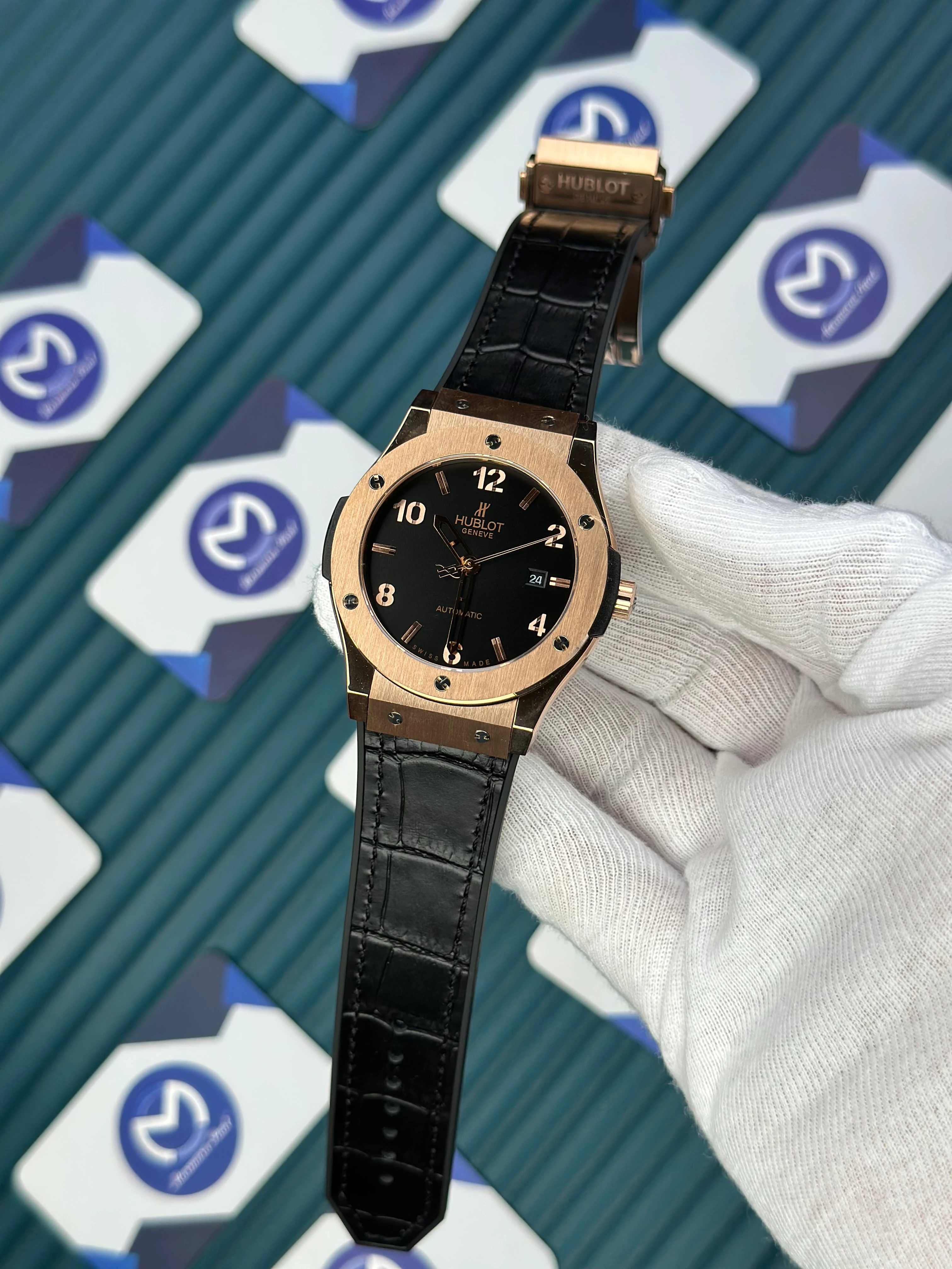 HUBLOT GENEVE AUTOMATIC VENDOME BLACK DIAL ROSE CASE BLACK LEATHER CORD 