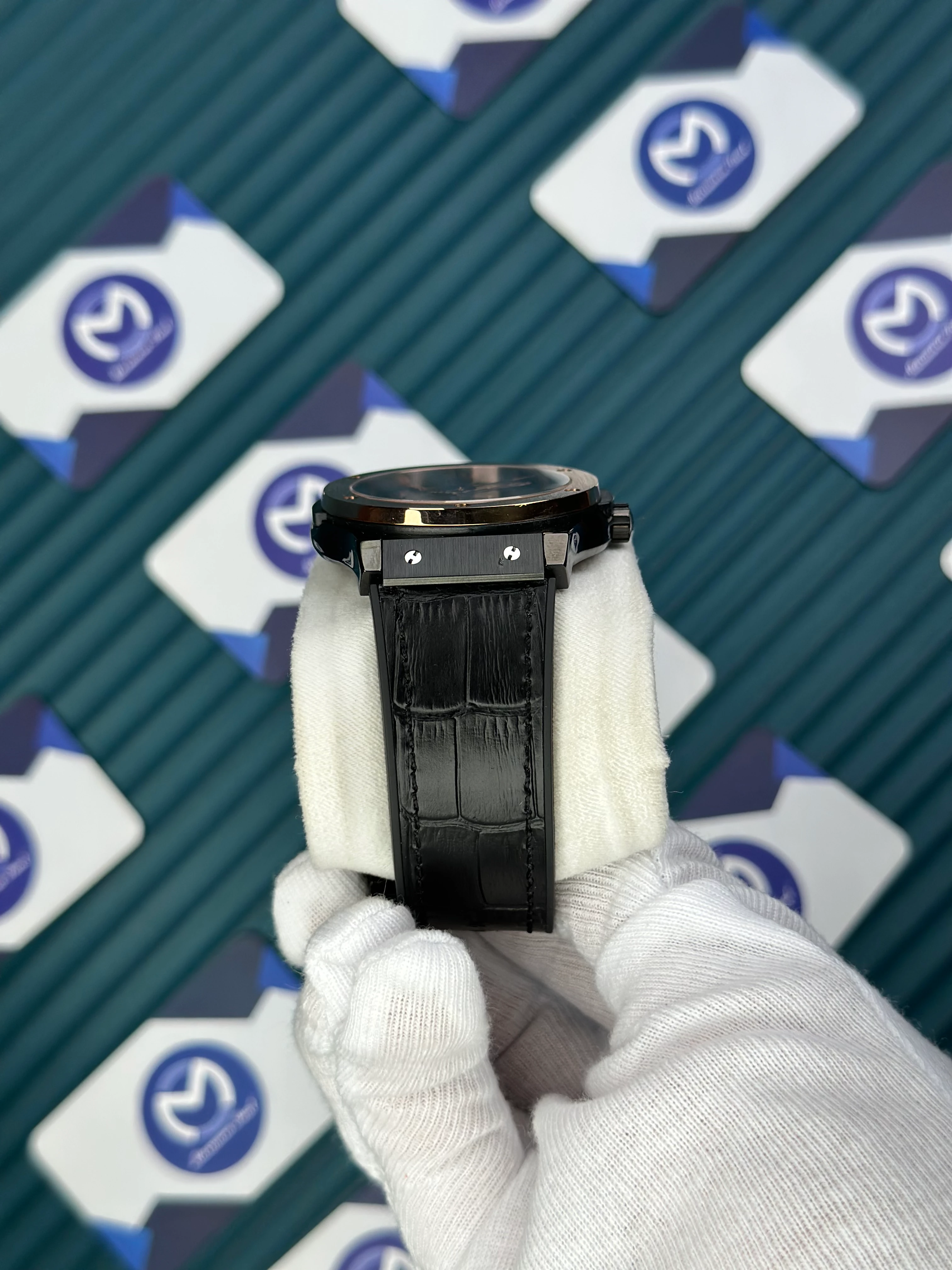 HUBLOT GENEVE AUTOMATIC VENDOME BLACK DIAL ROSE BEZEL BLACK CASE BLACK LEATHER CORD