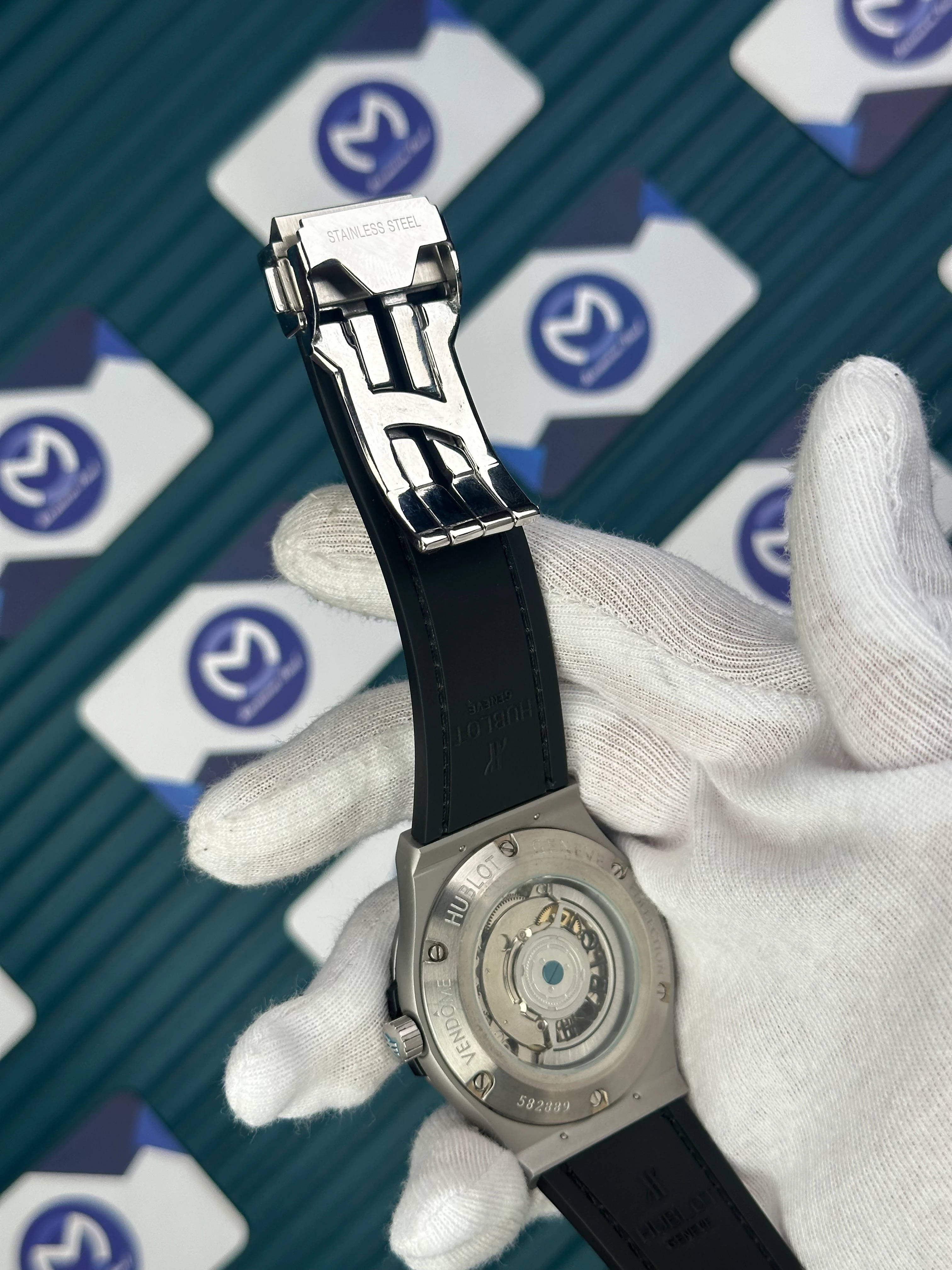 HUBLOT GENEVE AUTOMATIC BLACK DIAL GREY CASE BLACK LEATHER CORD 