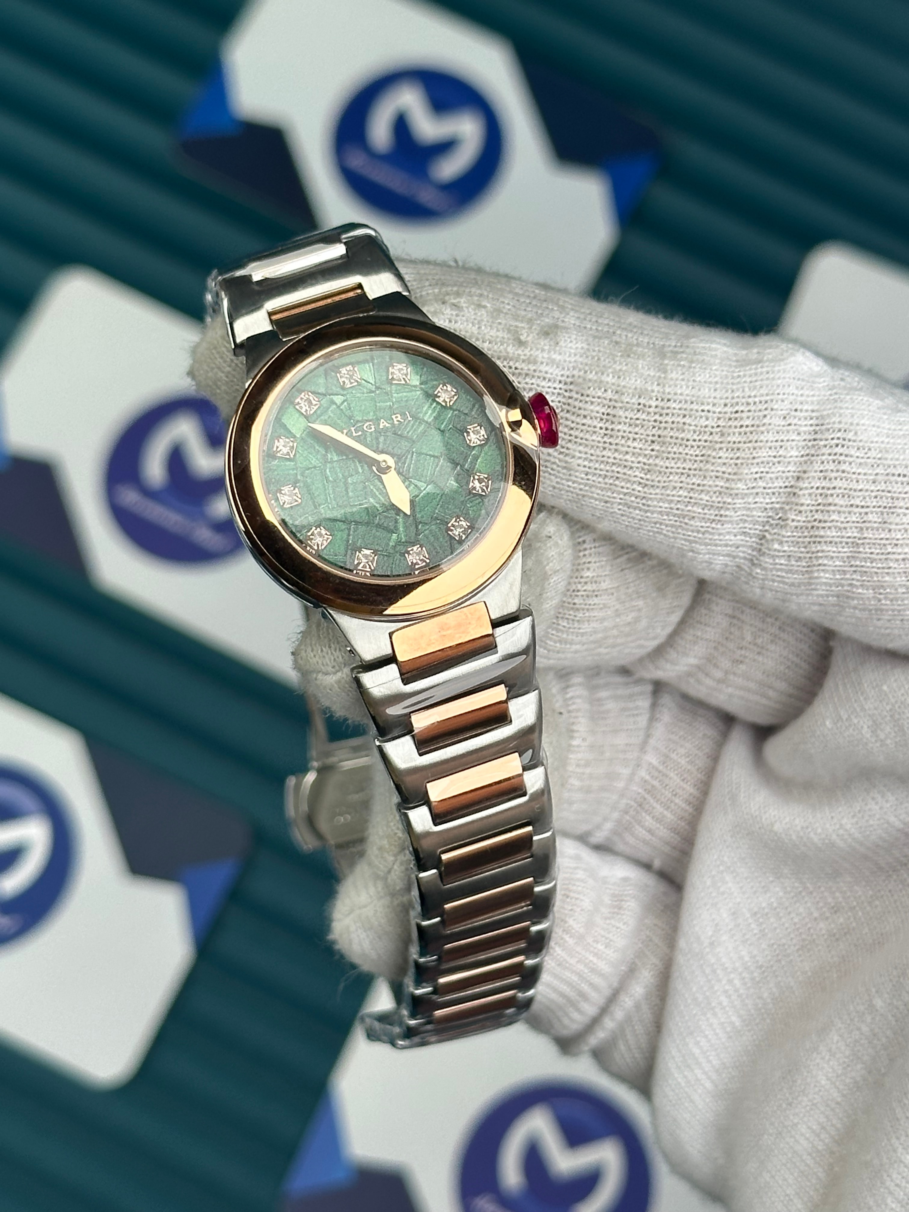 BVLGARI GREEN PATTERNED DIAL DIAMOND INDEX ROSE BEZEL ROSE-SILVER BRACELET