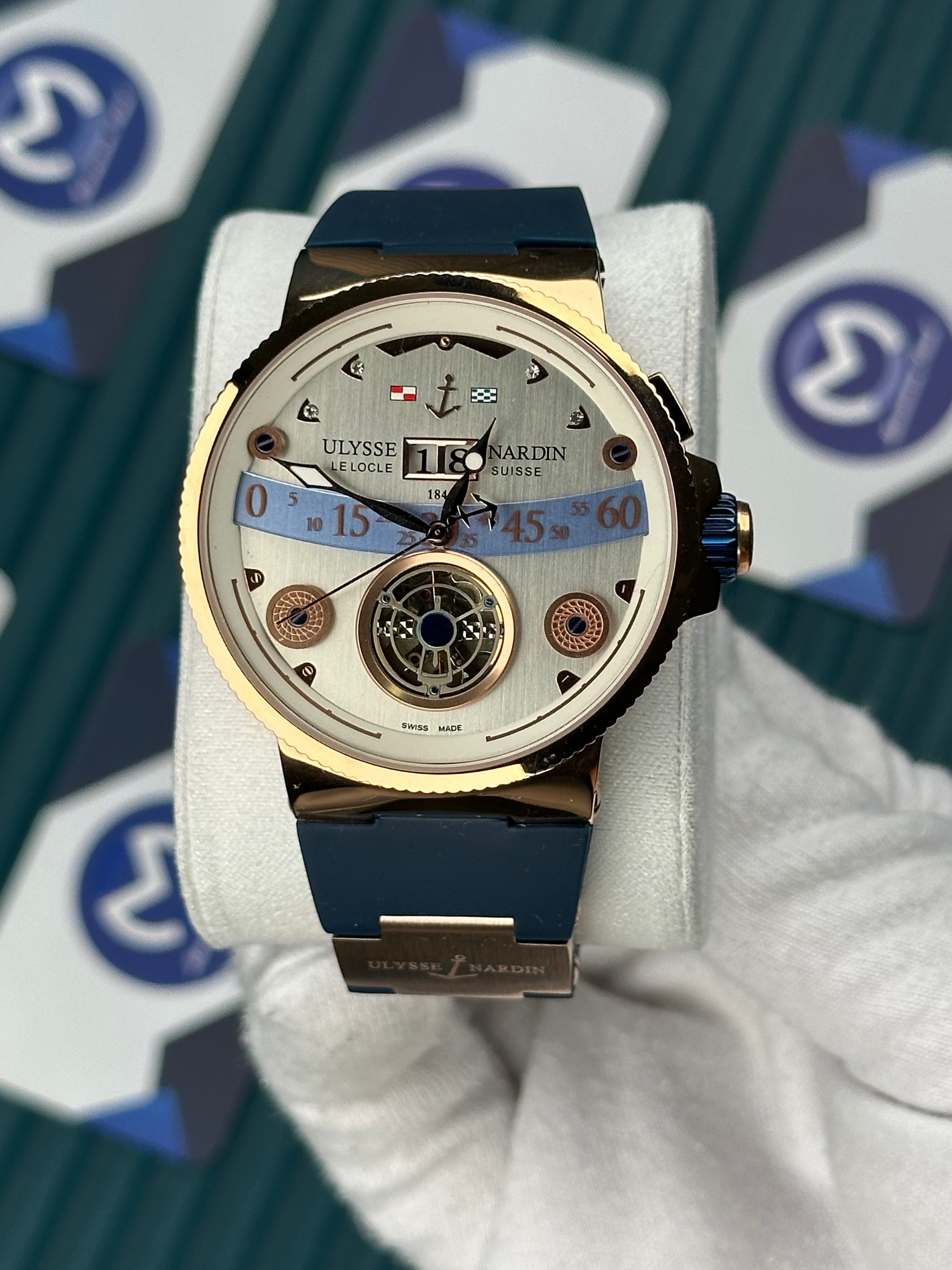 Ulysse Nardin Marine Blue Cord White Dial Rose Case Tourbillon