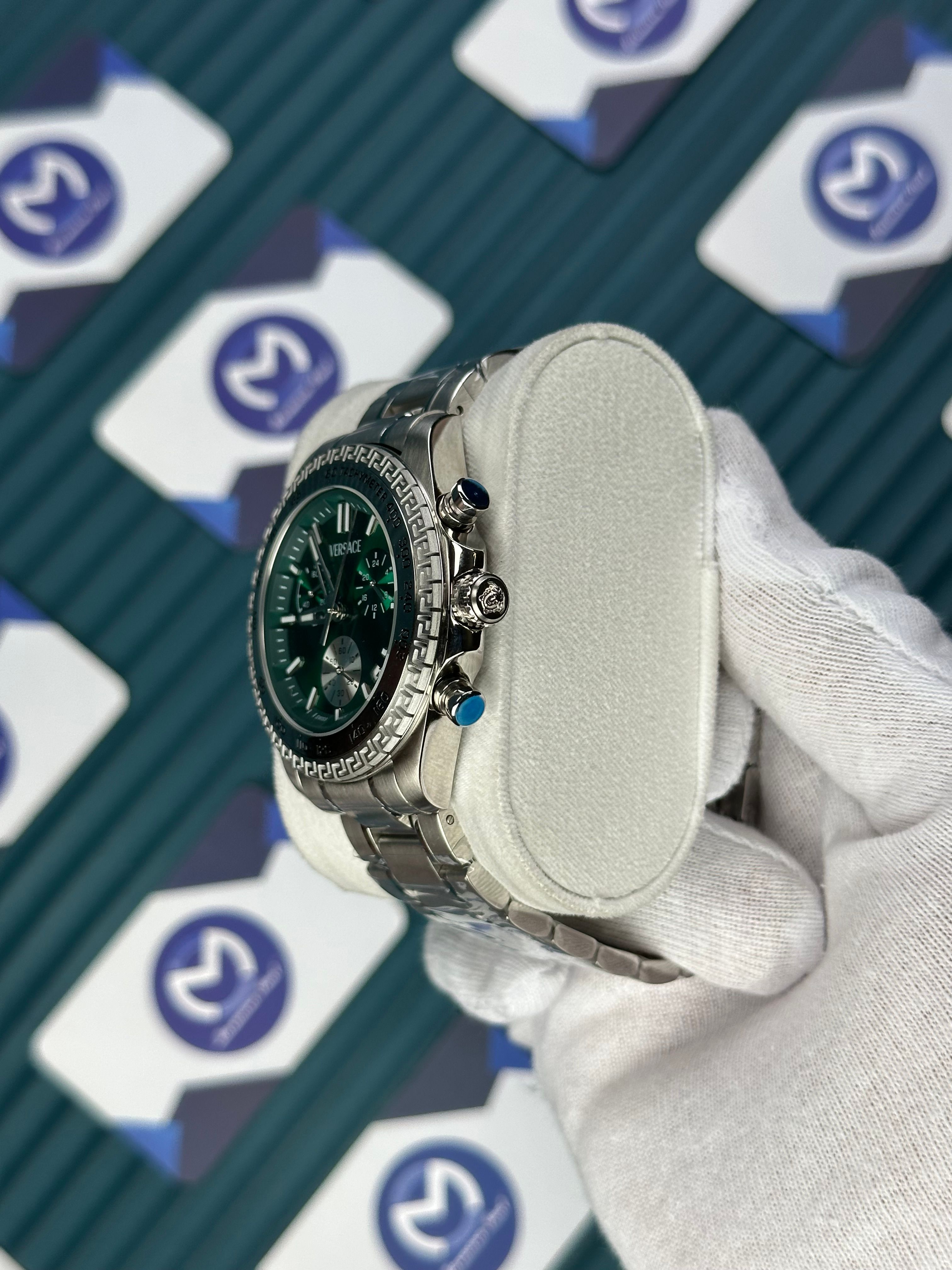 VERSACE GREEN DIAL CHRONOMOETER SILVER BEZEL AND CORD NEW SEASON