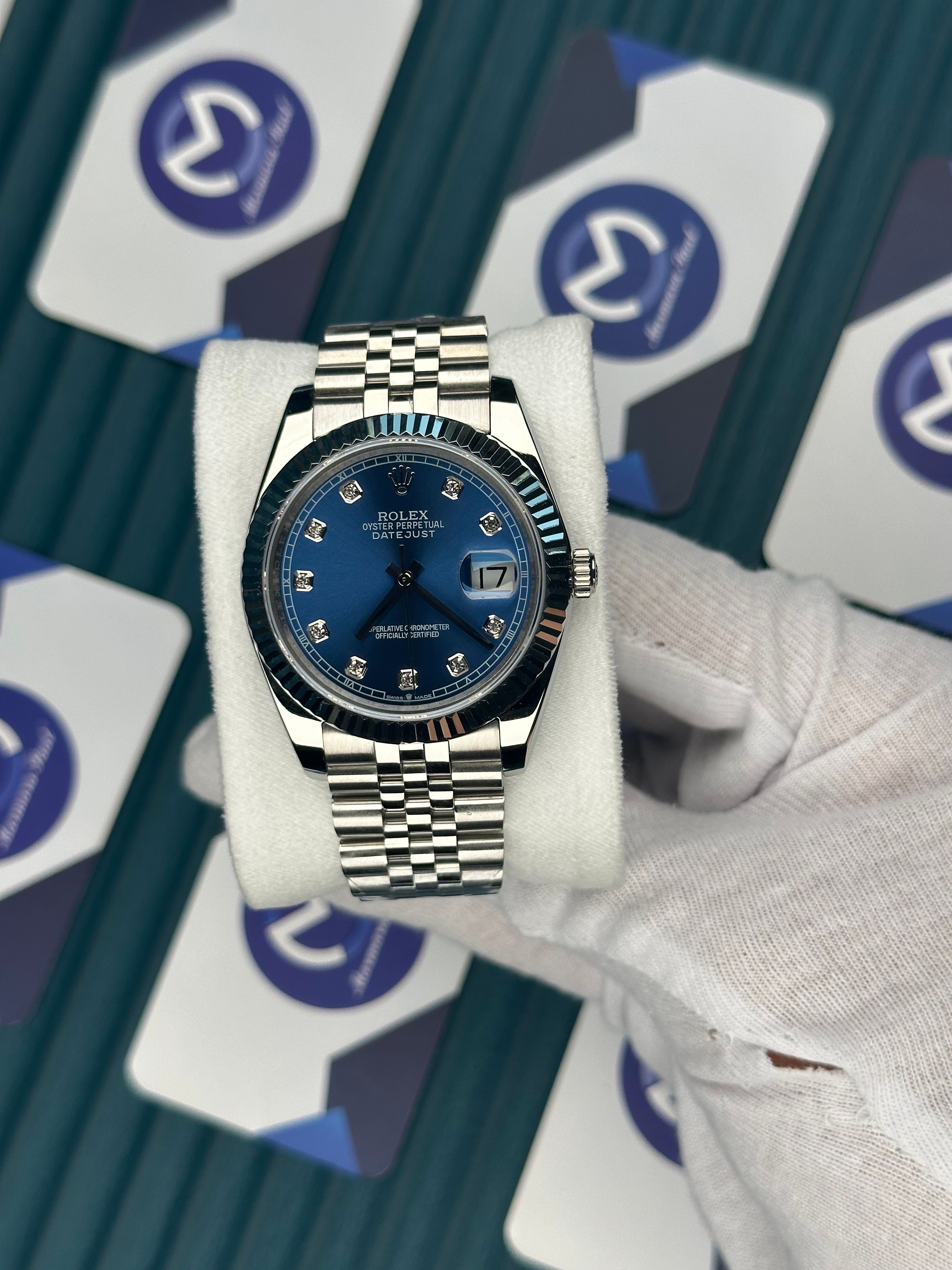 ROLEX DATEJUST BLUE DIAL DIAMOND INDEX SILVER JUBILE