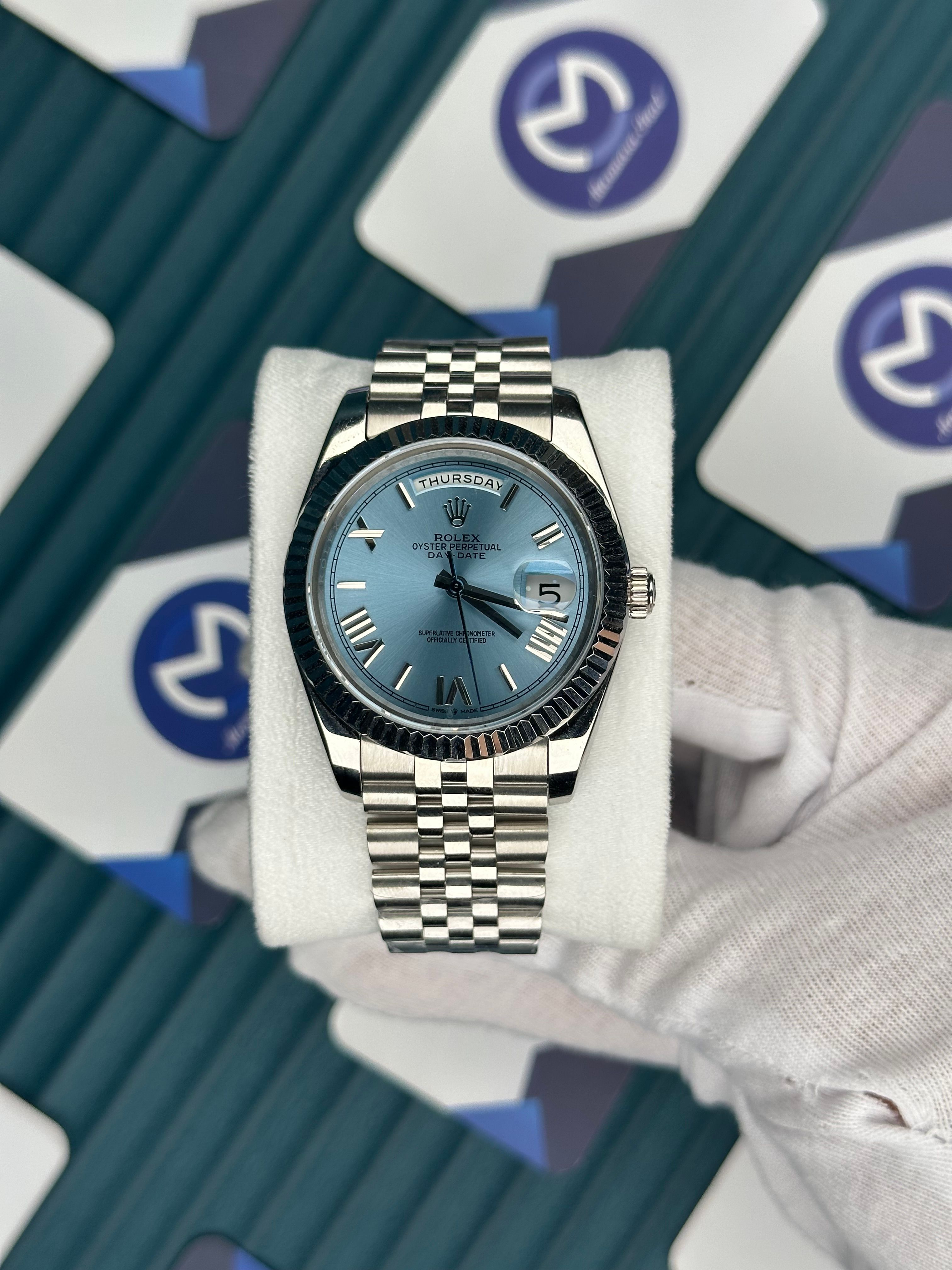 ROLEX DAYDATE ICE BLUE DIAL ROMA INDEX SILVER JUBILE