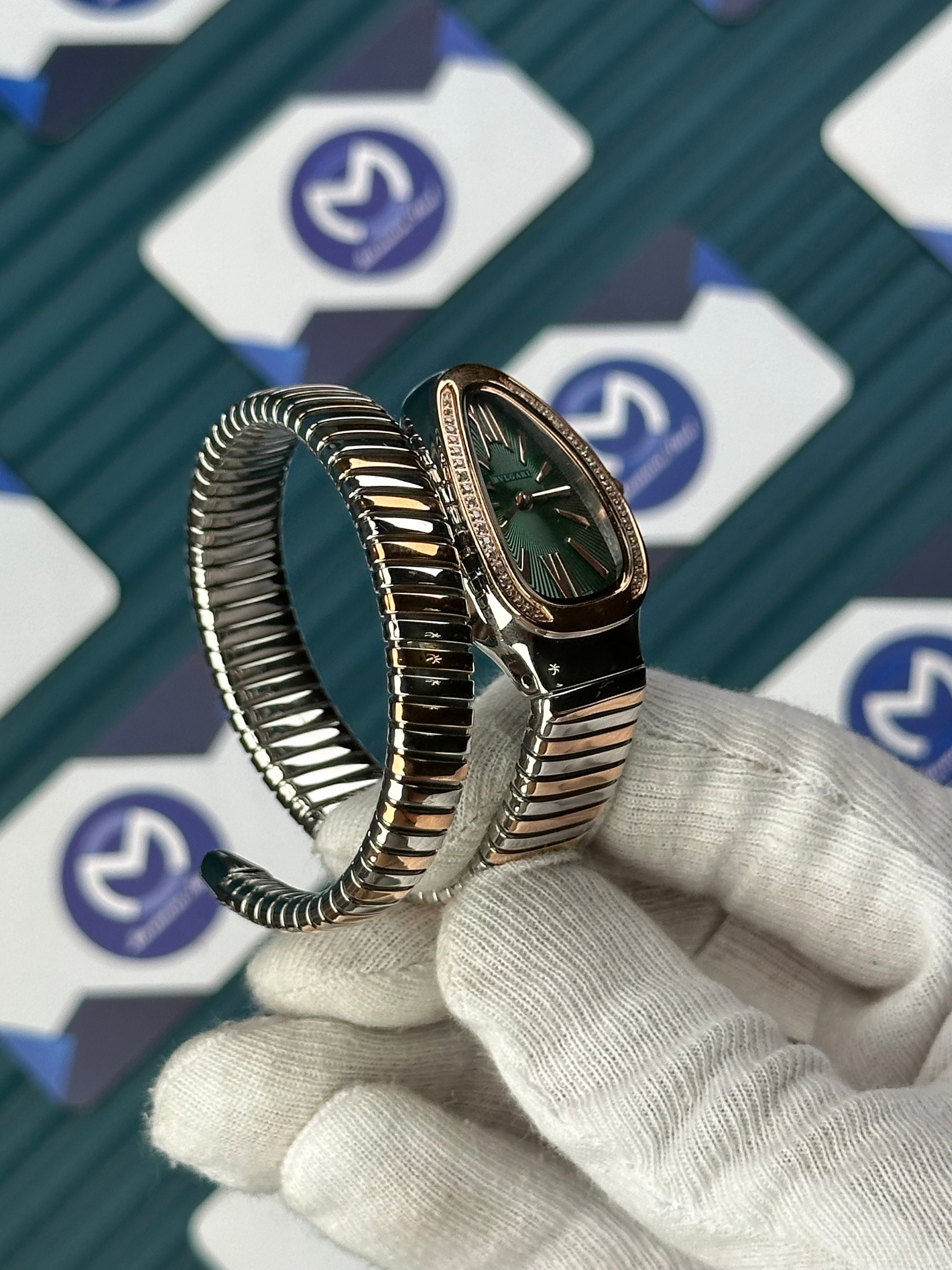 BVLGARI SERPENTI GREEN DIAL DIAMOND BEZEL ROSE-SILVER SHORT TUBOGAS