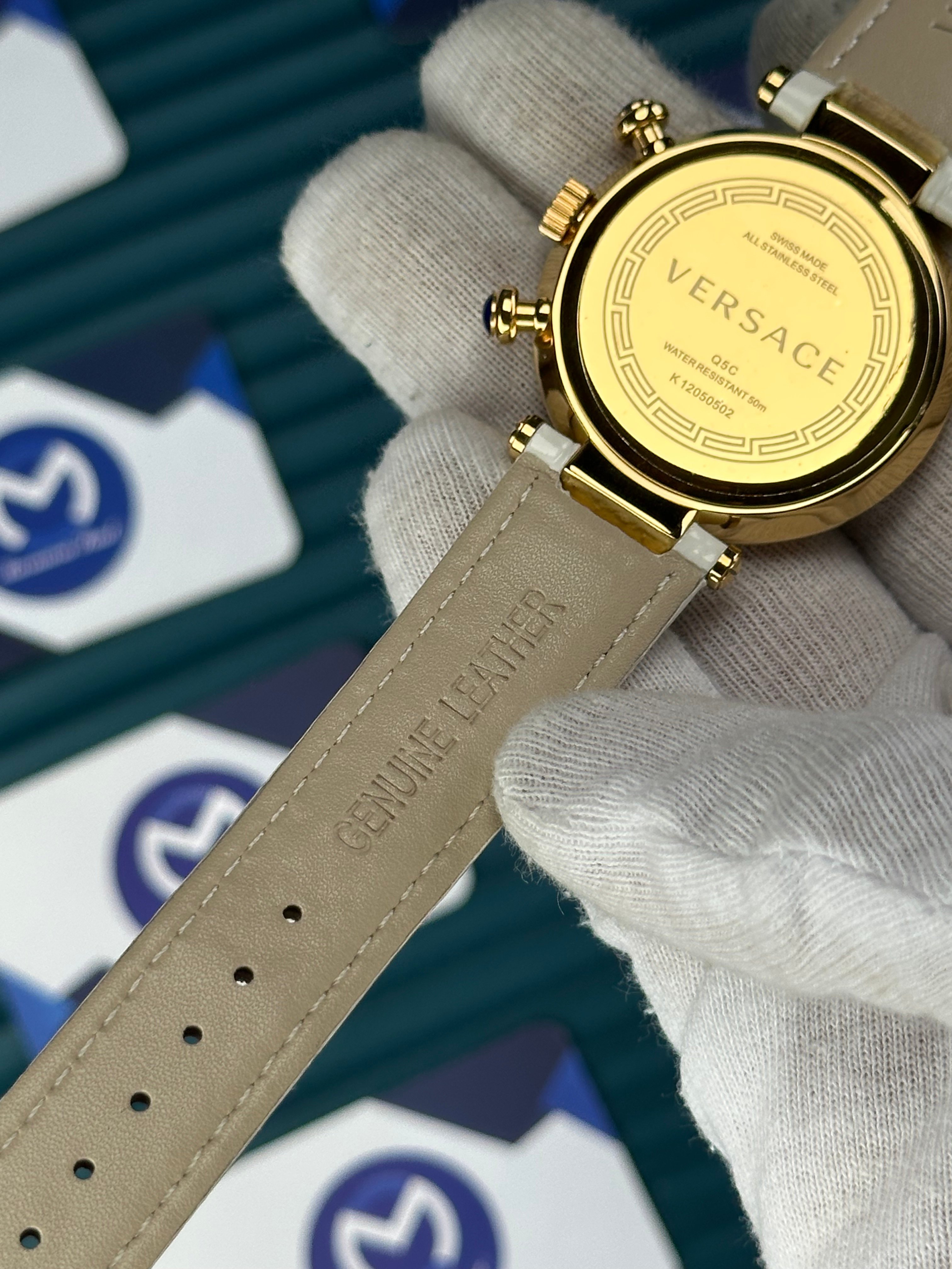 VERSACE 38 WHITE DIAL GOLD CASE DIAMOND BEZEL CHRONOGRAPH WHITE LEATHER CORD