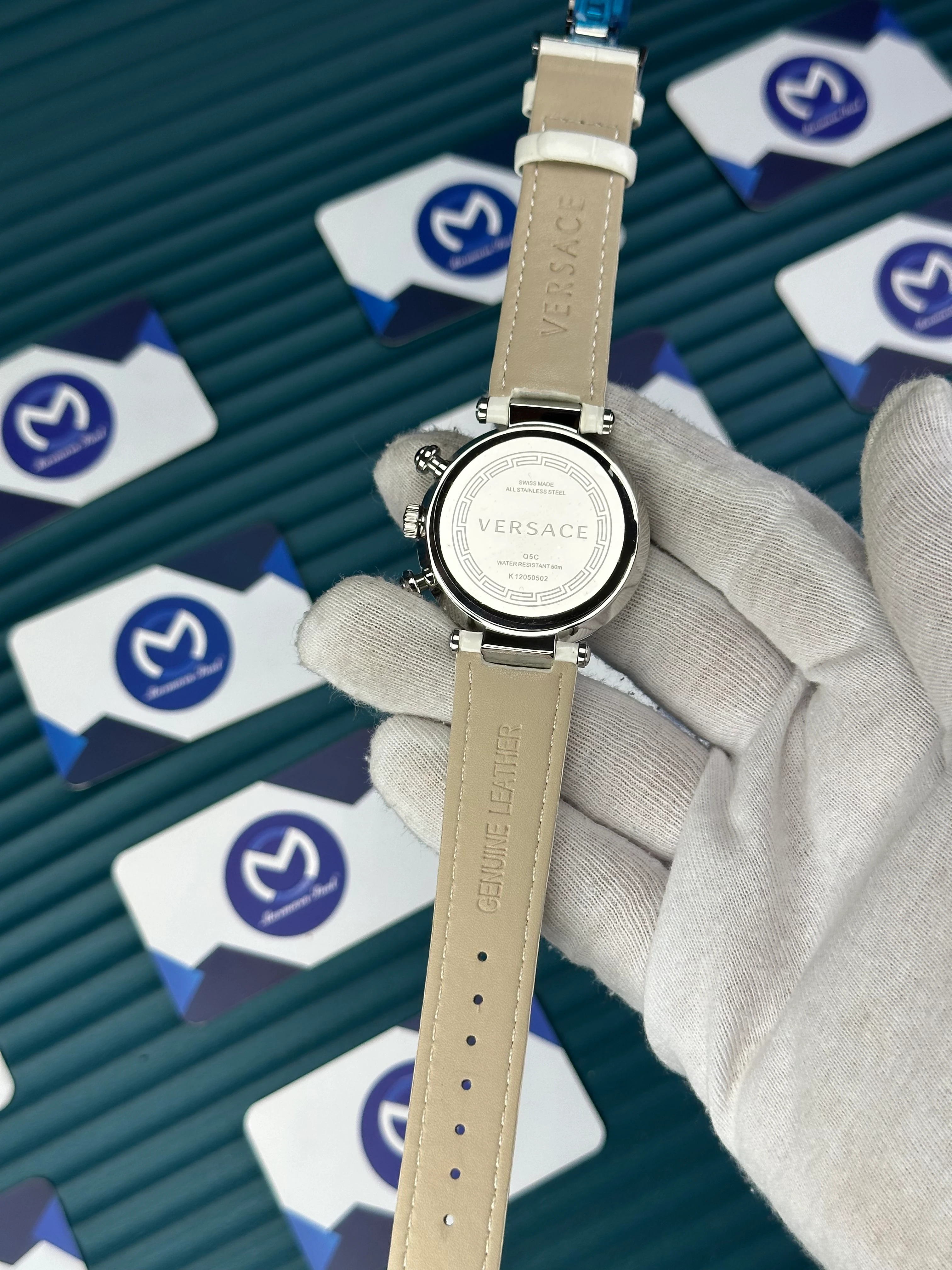 VERSACE 38 WHITE DIAL DIAMOND BEZEL SILVER CASE CHRONOGRAPH WHITE LEATHER CORD