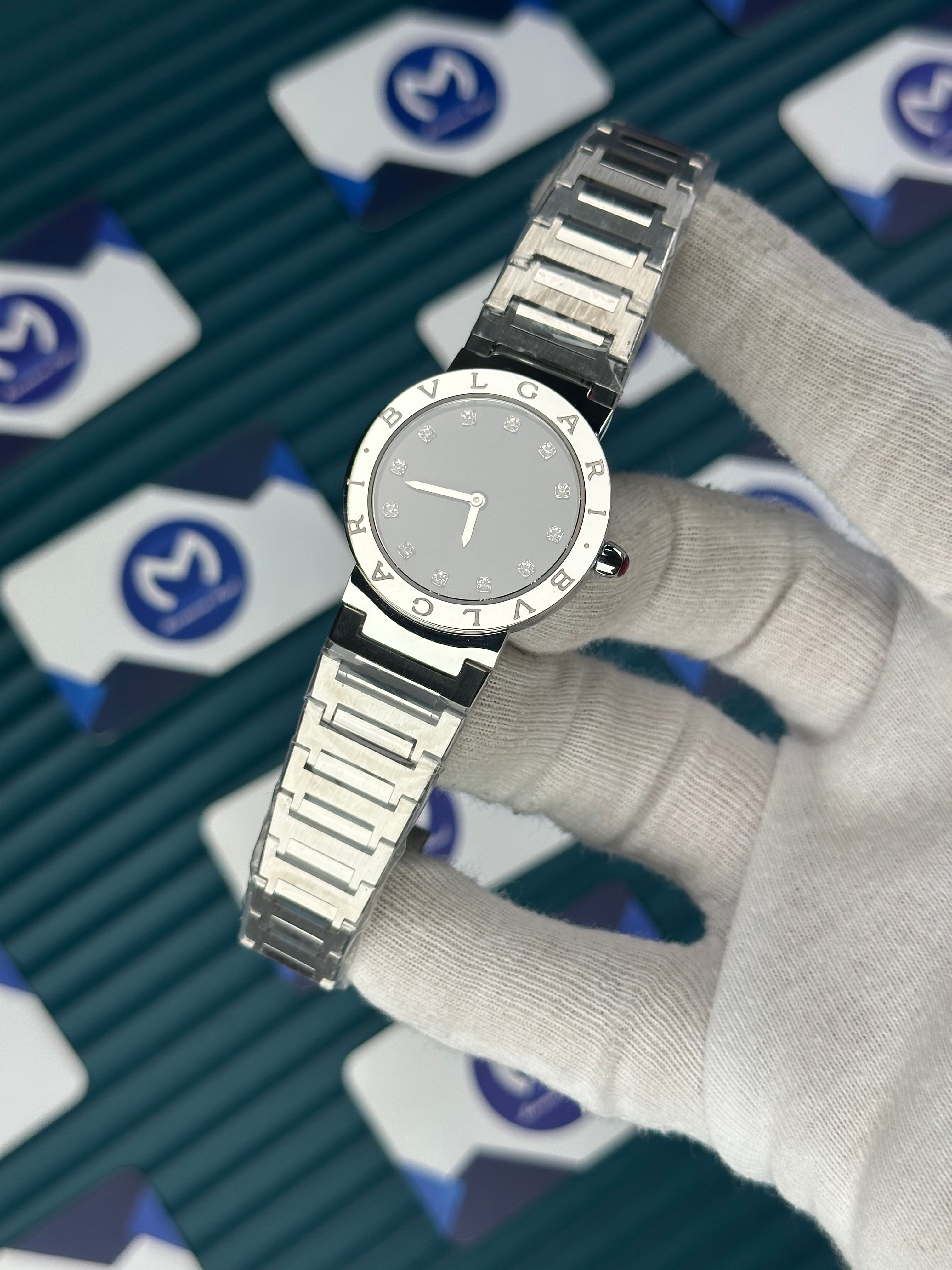 BVLGARI BLACK DIAL SILVER BEZEL DIAMOND INDEX SILVER CORD