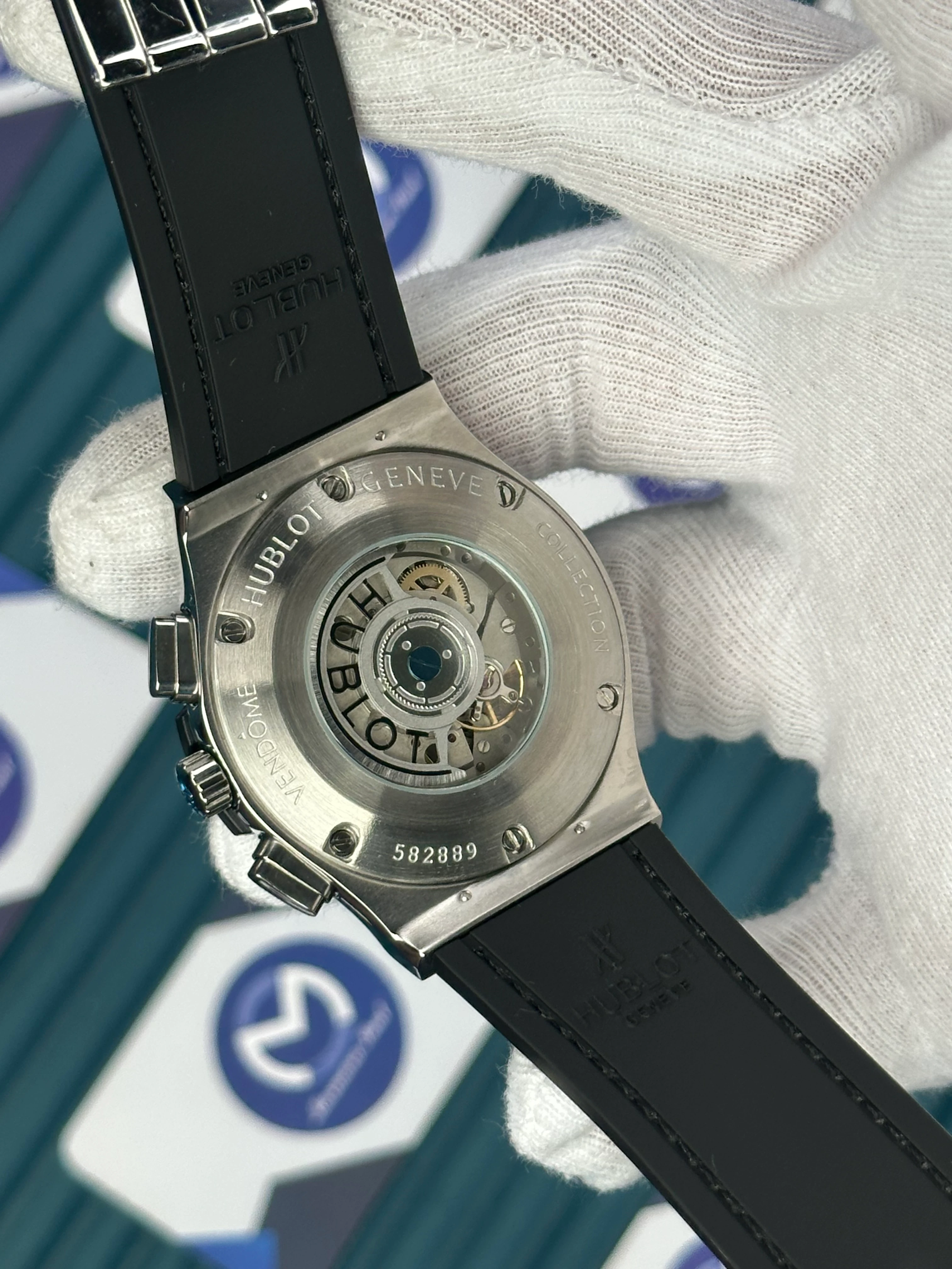 HUBLOT AUTOMATIC BLUE CHRONOGRAPH DIAL DIAMOND BEZEL SILVER CASE BLUE LEATHER CORD 