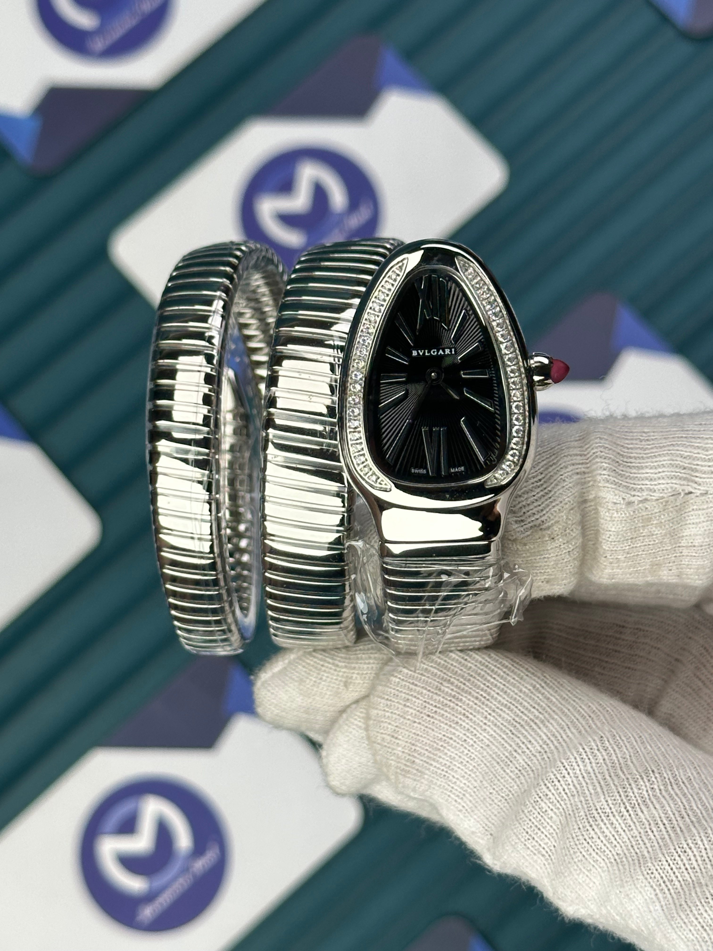 BVLGARI SERPENTI BLACK DIAL DIAMOND BEZEL SILVER LONG TUBOGAS
