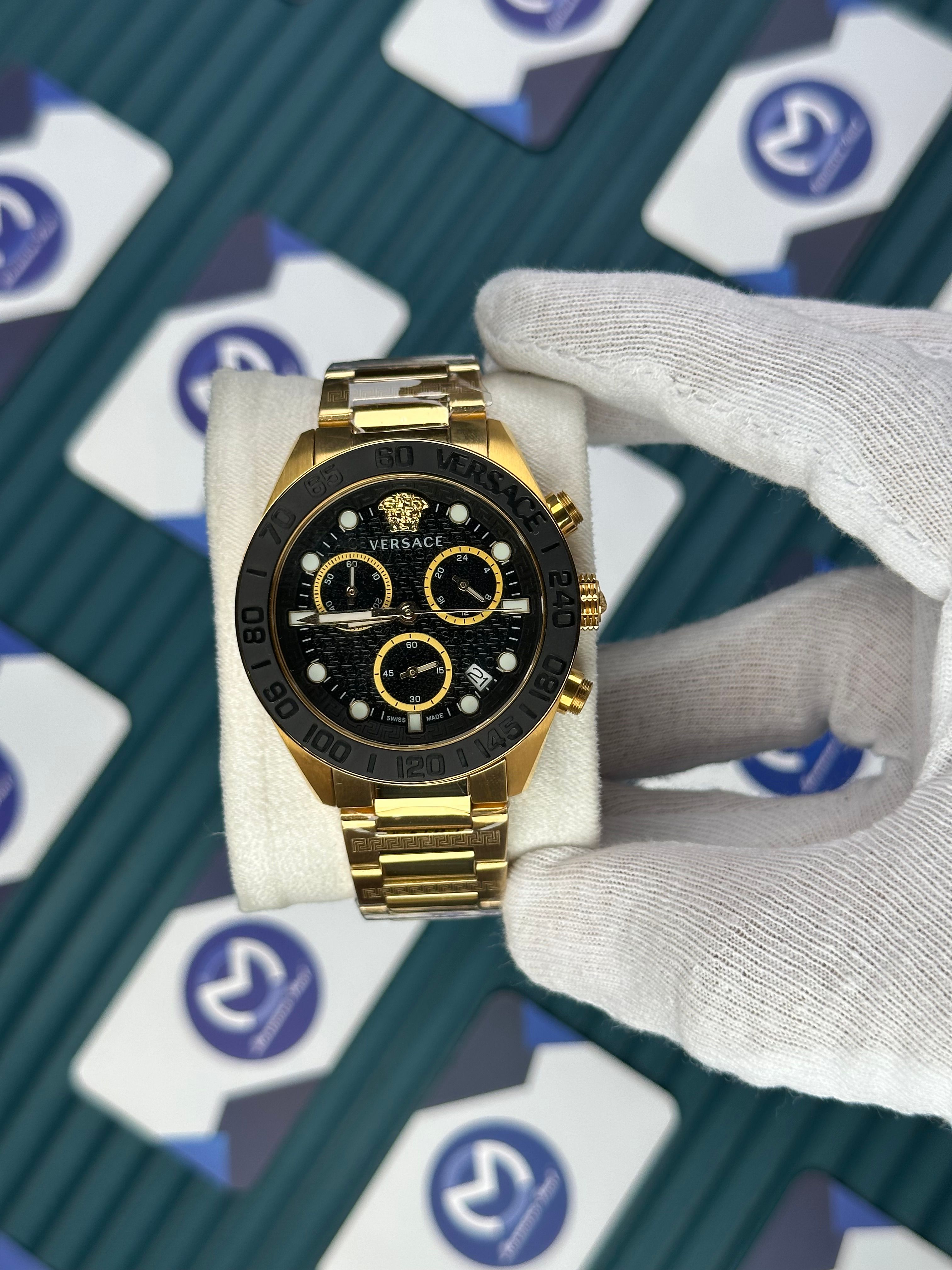 VERSACE BLACK DIAL CHRONOMOMETER NEW SEASON GOLD 