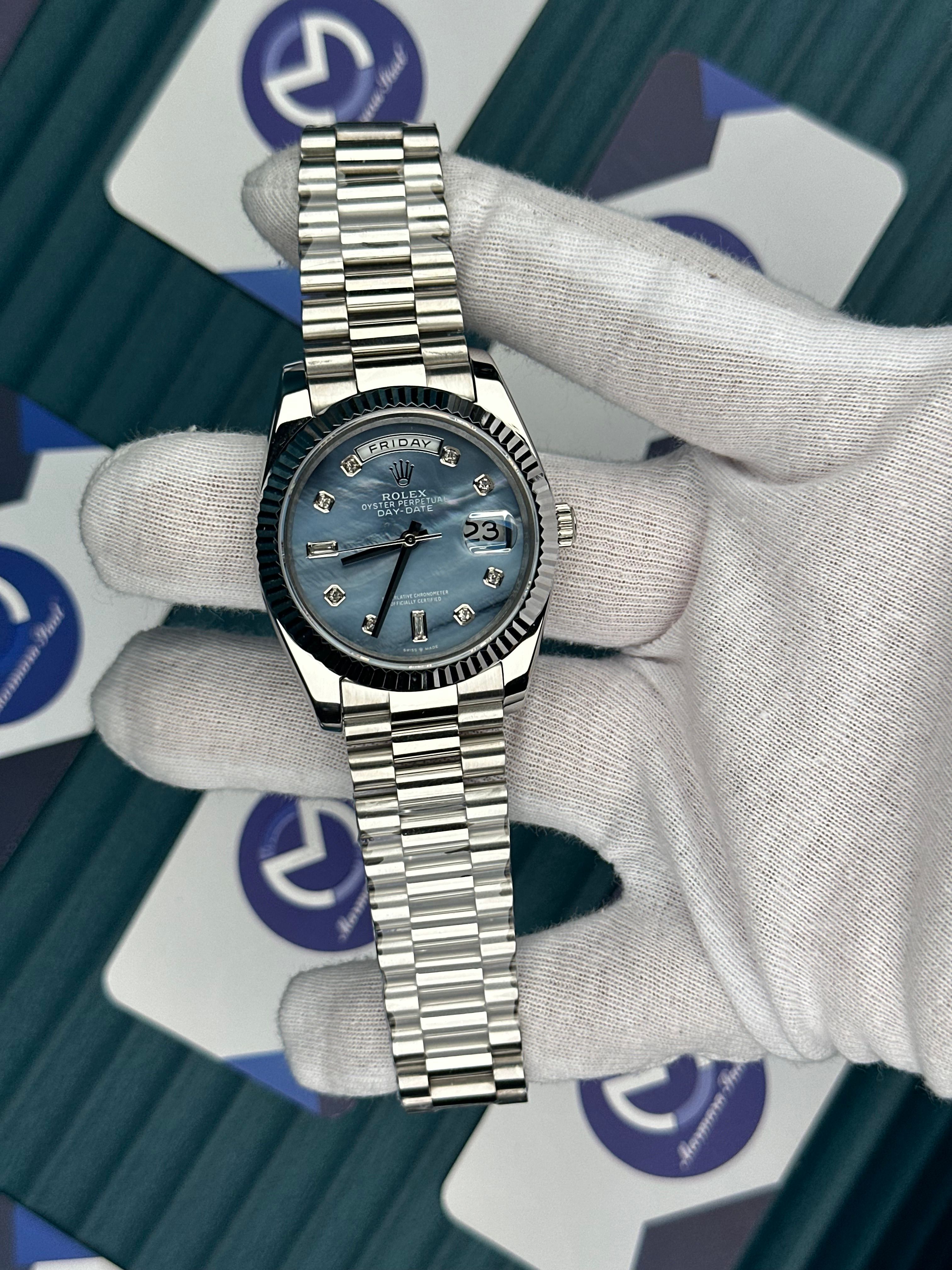 ROLEX DAY-DATE PATTERNED BLUE DIAL DIAMOND INDEX SILVER PRESIDENT