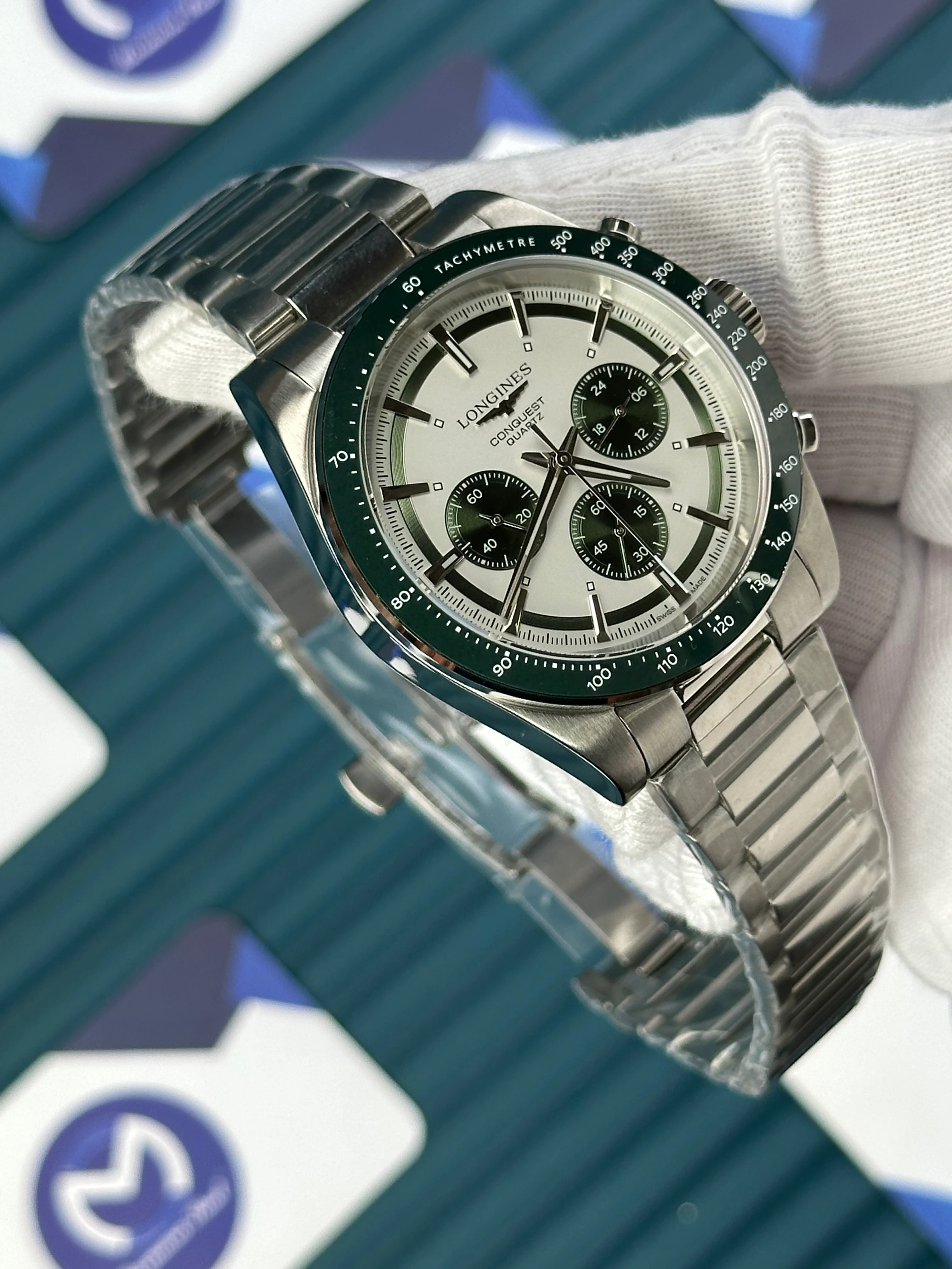 LONGINES CONQUEST CHRONOGRAPH AUTOMATIC WHITE DIAL GREEN BEZEL SILVER 