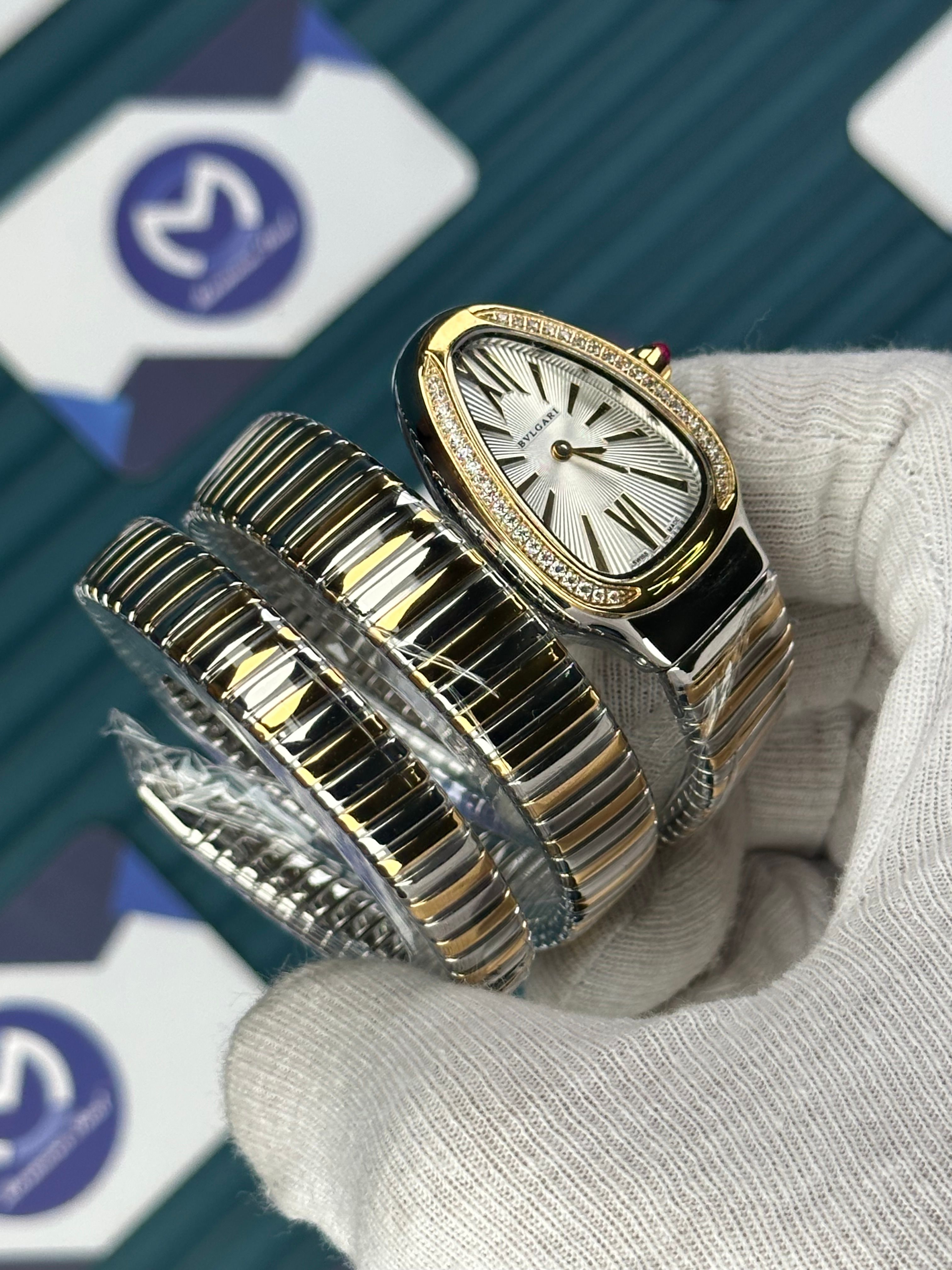 BVLGARI SERPENTI WHITE DIAL DIAMOND BEZEL GOLD-SILVER LONG TUBOGAS