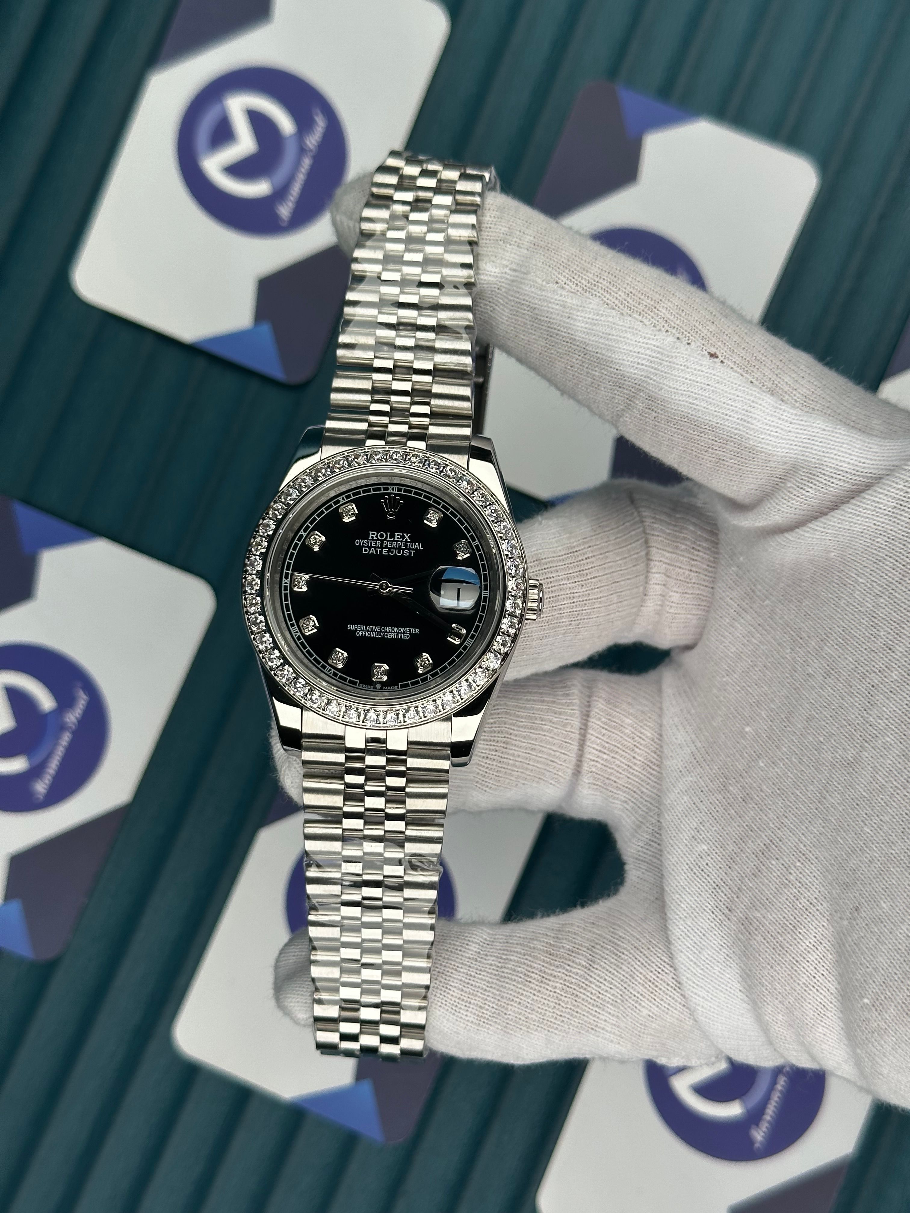 ROLEX DATEJUST BLACK DIAL DIAMOND INDEX AND BEZEL SILVER JUBILE