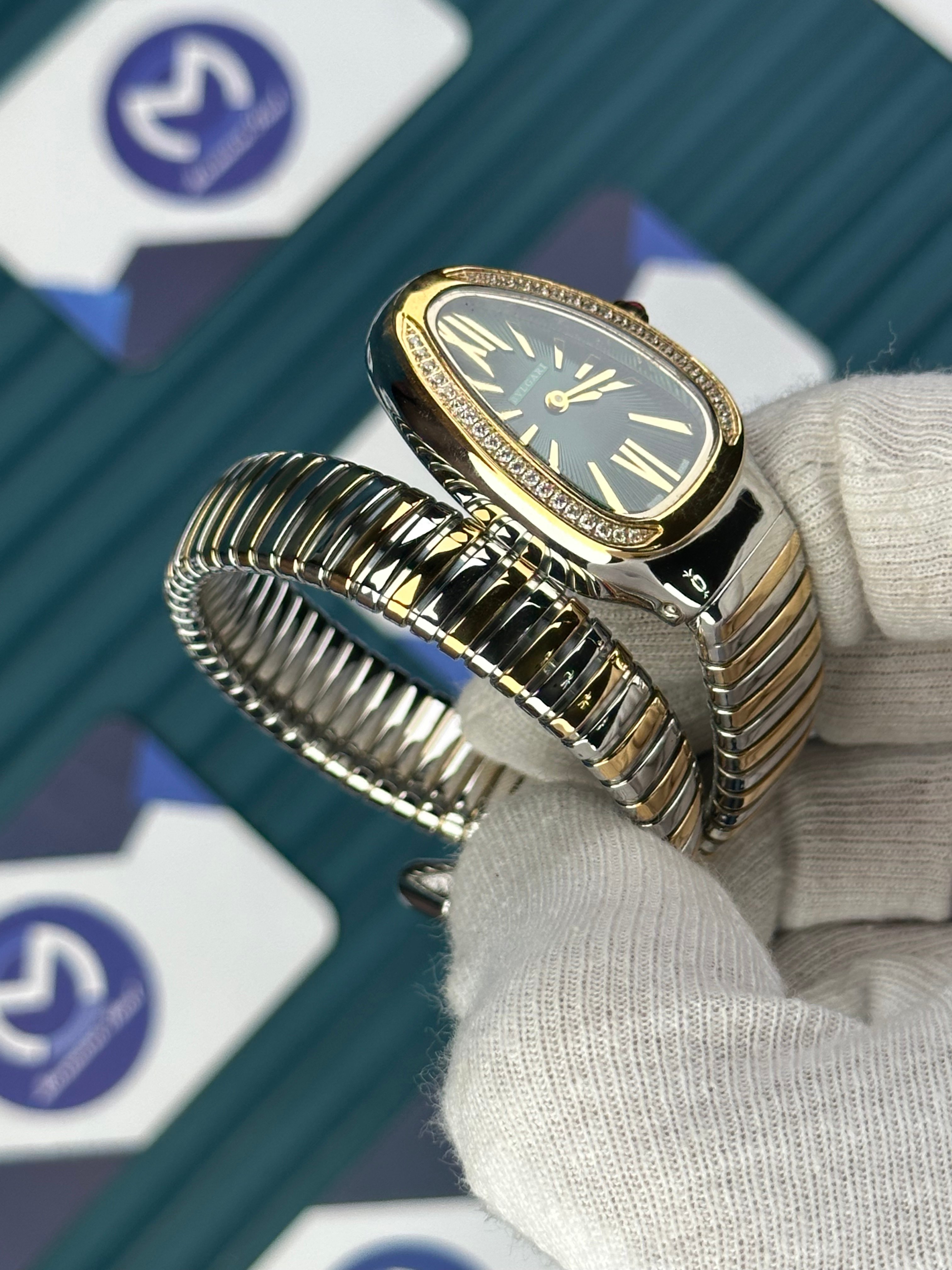 BVLGARI SERPENTI GREEN DIAL DIAMOND BEZEL GOLD-SILVER SHORT TUBOGAS