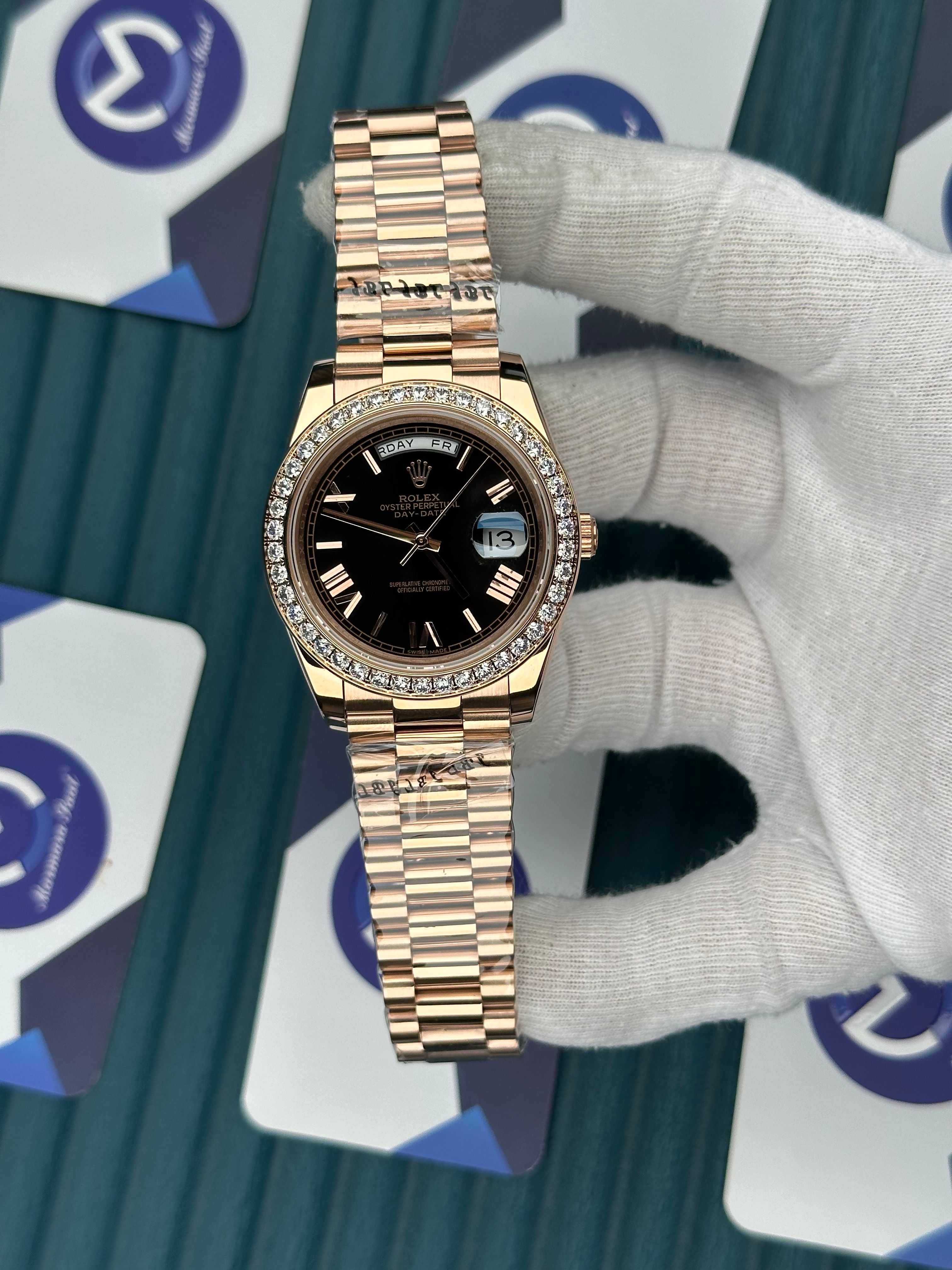 ROLEX DAY-DATE BROWN DIAL DIAMOND BEZEL ROSE PRESIDENT