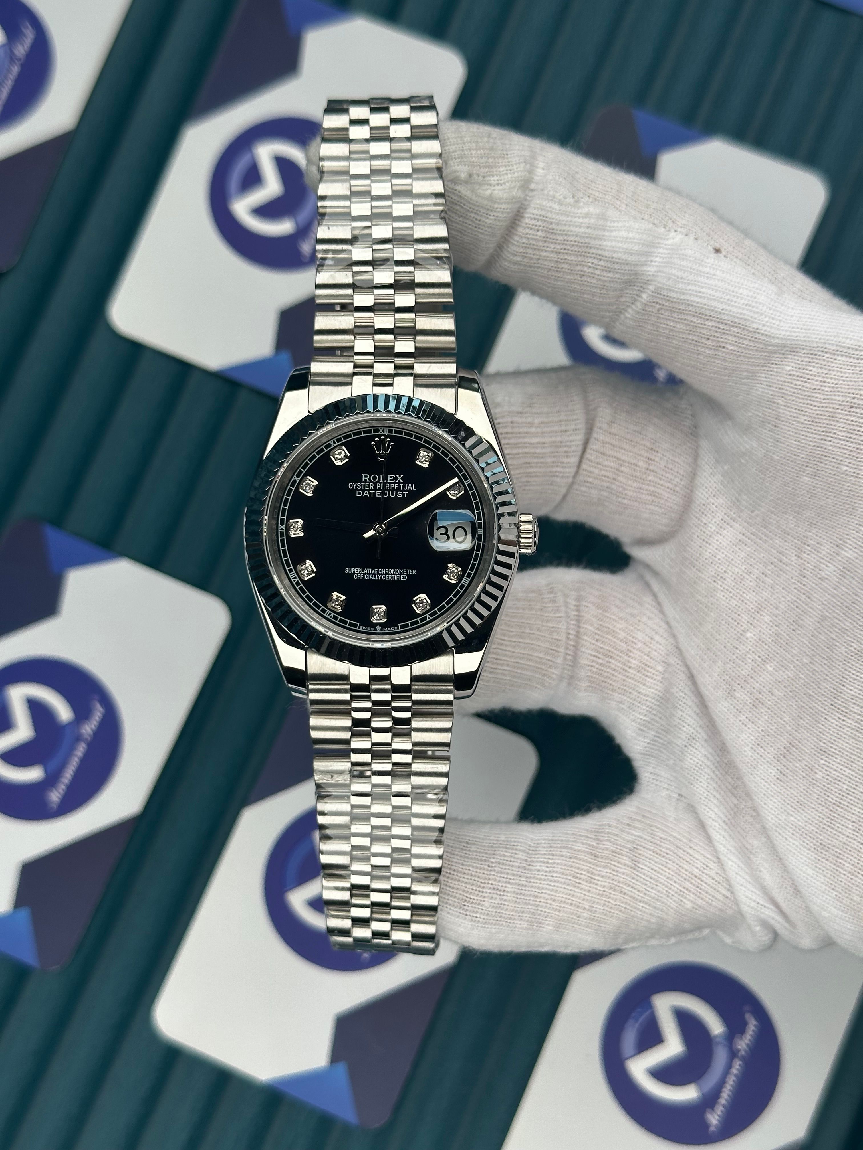 ROLEX DATEJUST BLACK DIAL DIAMOND INDEX SILVER JUBILE
