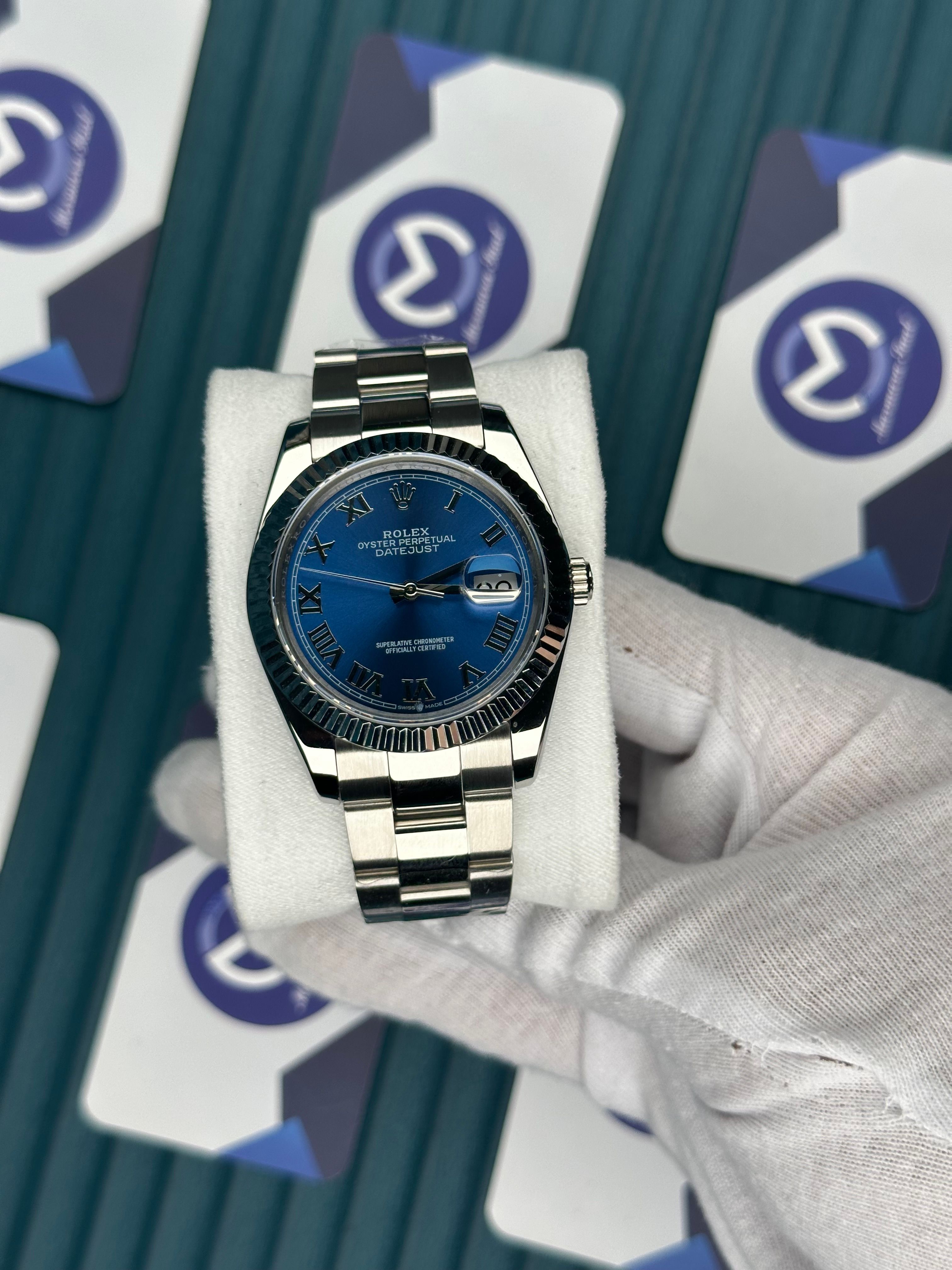 ROLEX DATEJUST BLUE DIAL ROMA INDEX SILVER OYSTER