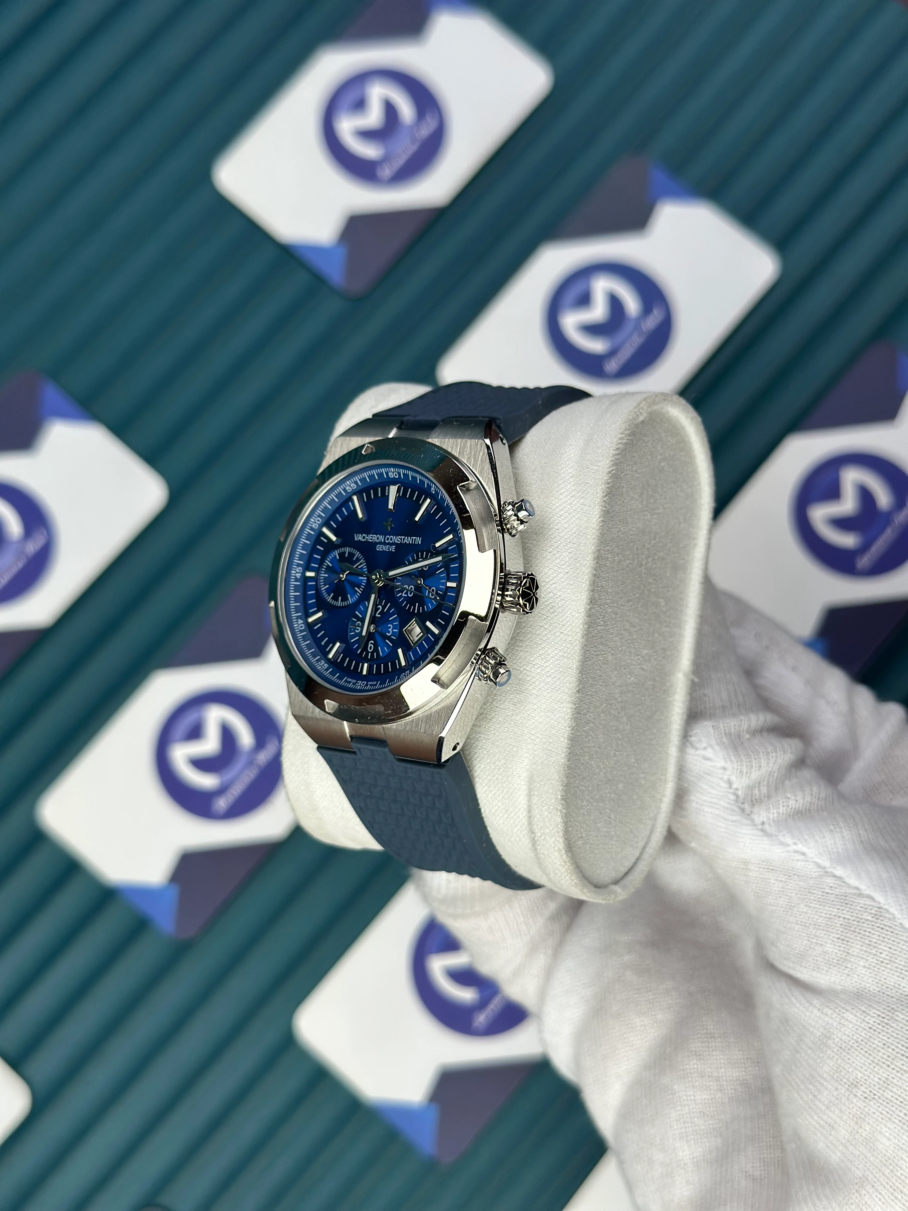 VACHERON CONSTANTIN BLUE DIAL SILVER CASE CHRONOGRAPH OVERSEAS NAVY BLUE RUBBER