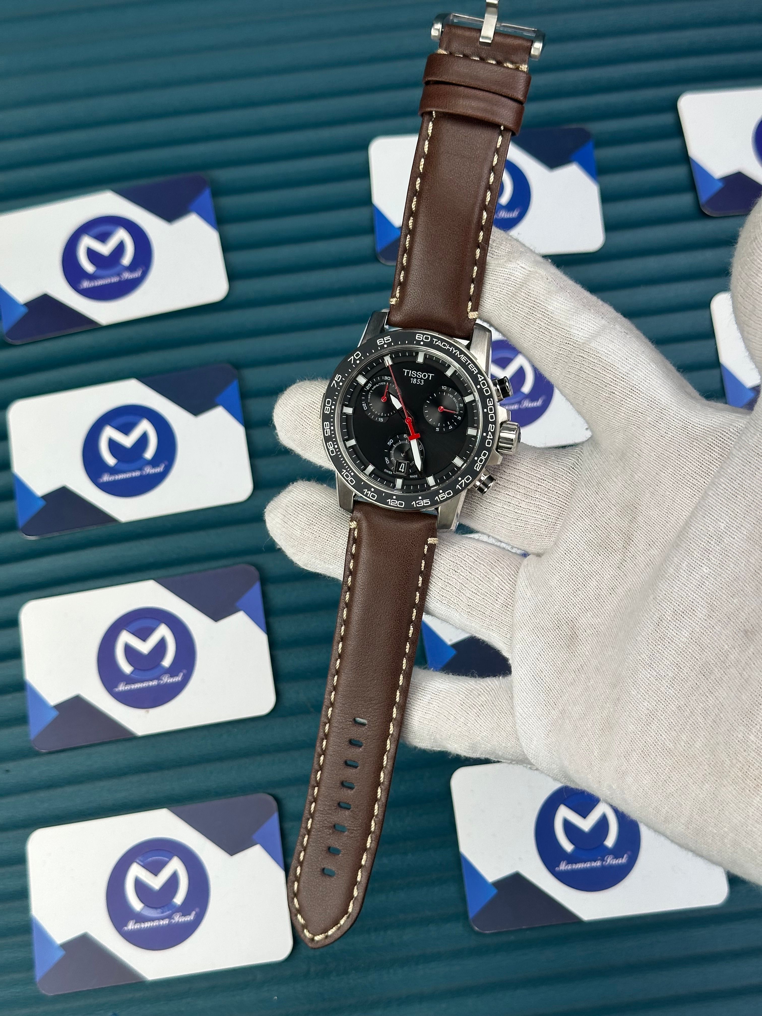 TISSOT SUPERSPORT CHRONO BLACK DIAL BROWN LEATHER CORD