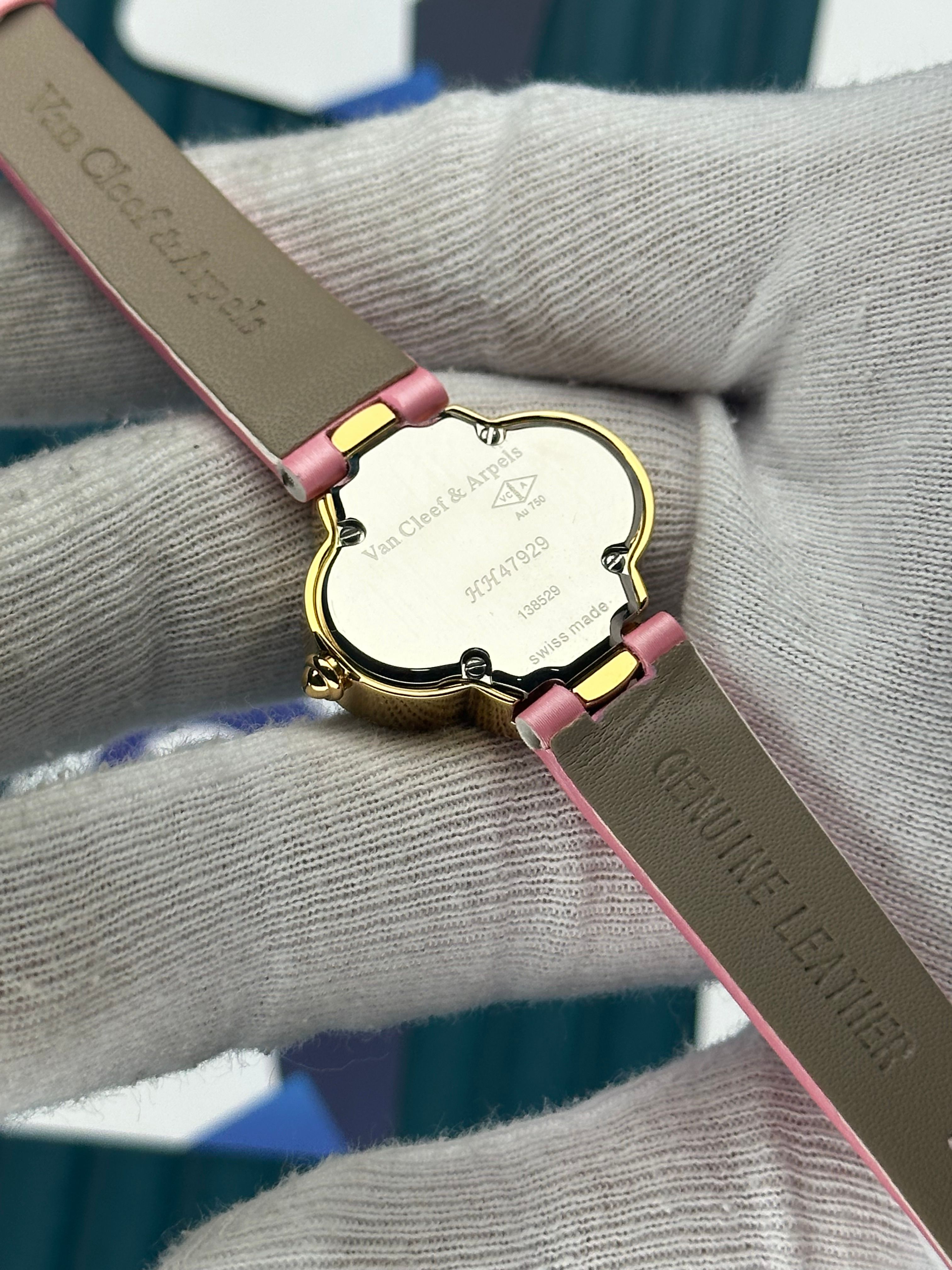 VAN CLEEF & ARPELS WHITE DIAL DIAMOND BEZEL GOLD CASE PINK LEATHER CORD