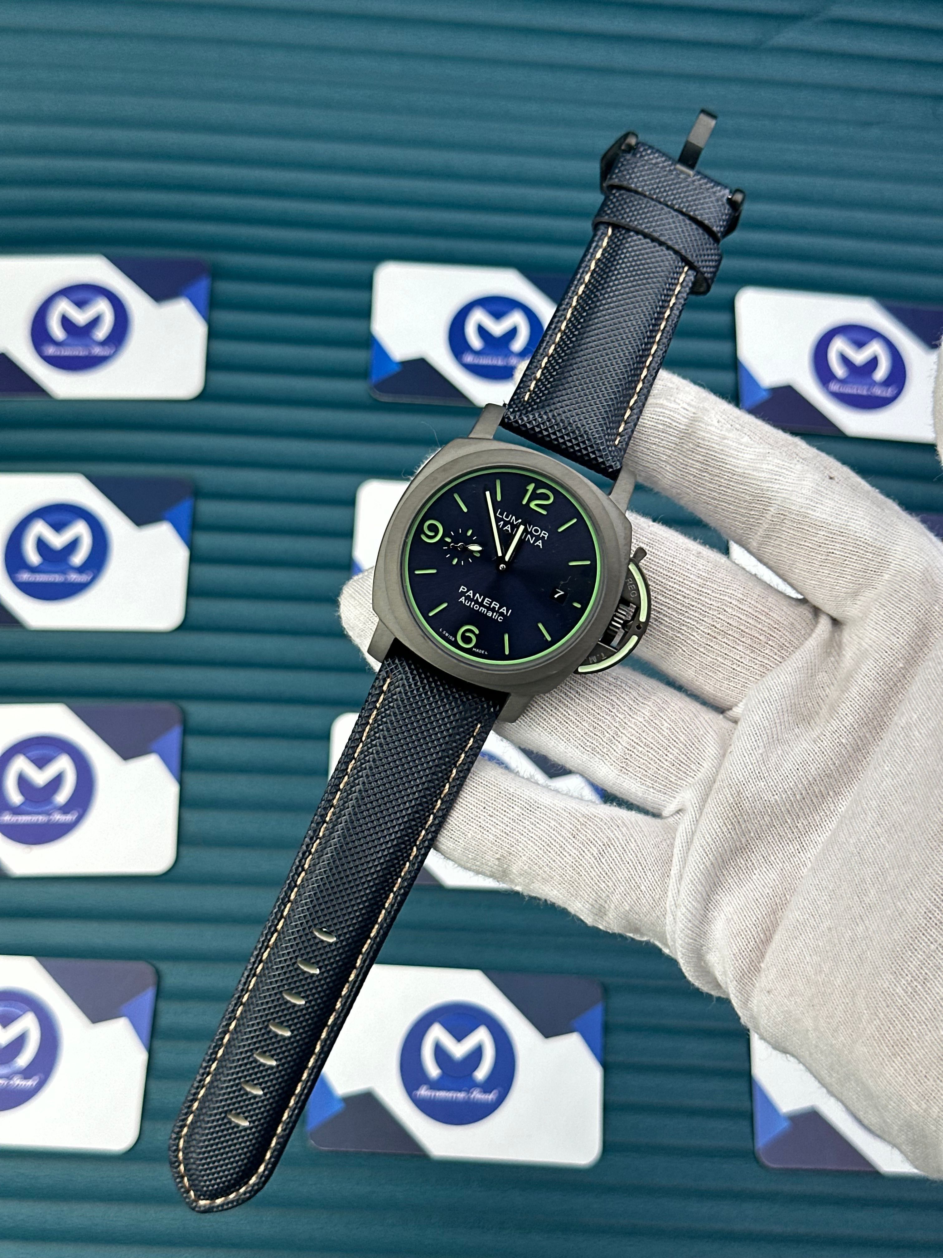 LUMINOR MARINA BLUE DIAL CARBON CASE NAVY BLUE SATIN CORD
