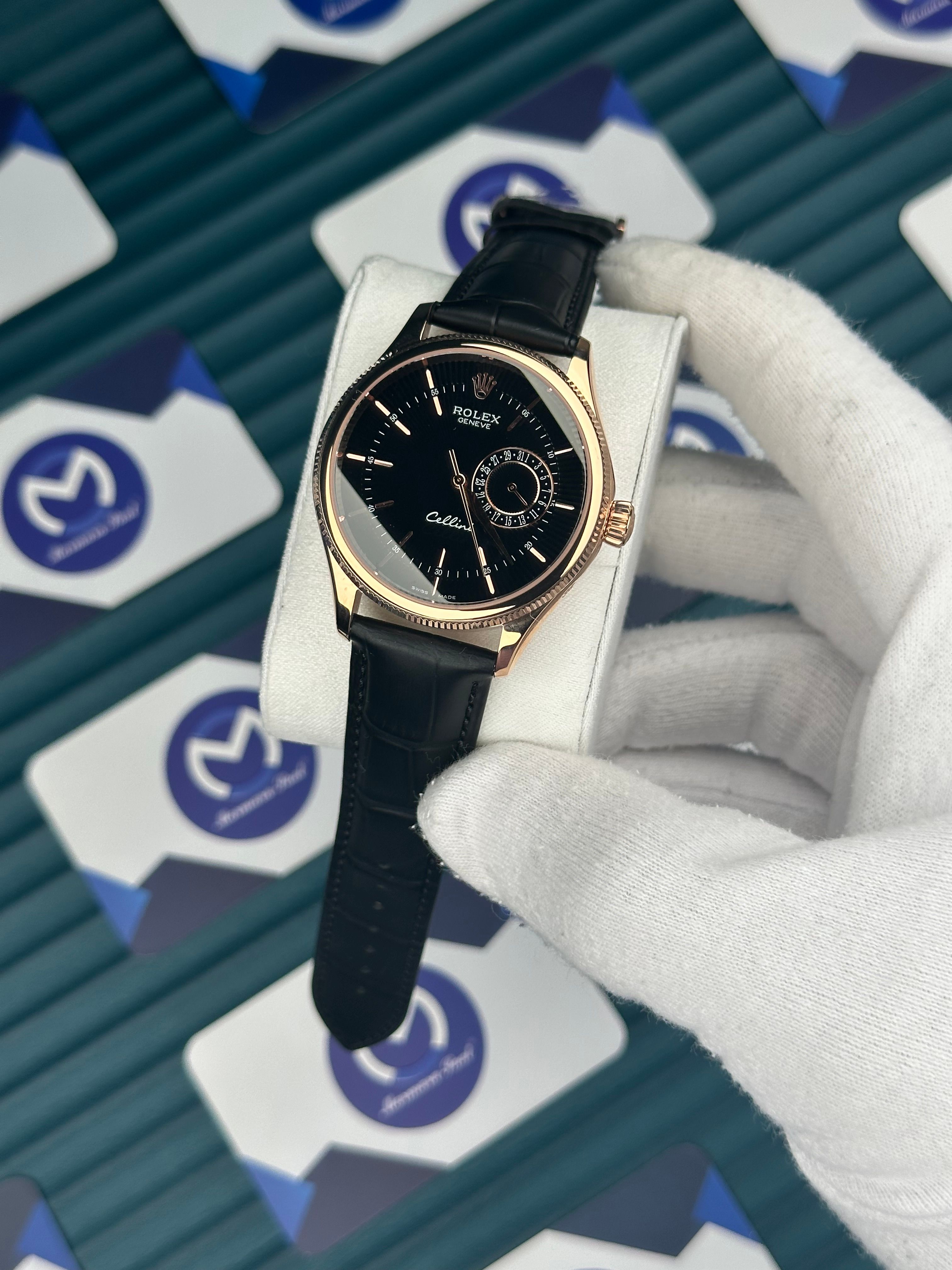 Rolex Cellini Rose Kasa Fonksiyonlu Siyah Deri Kordon