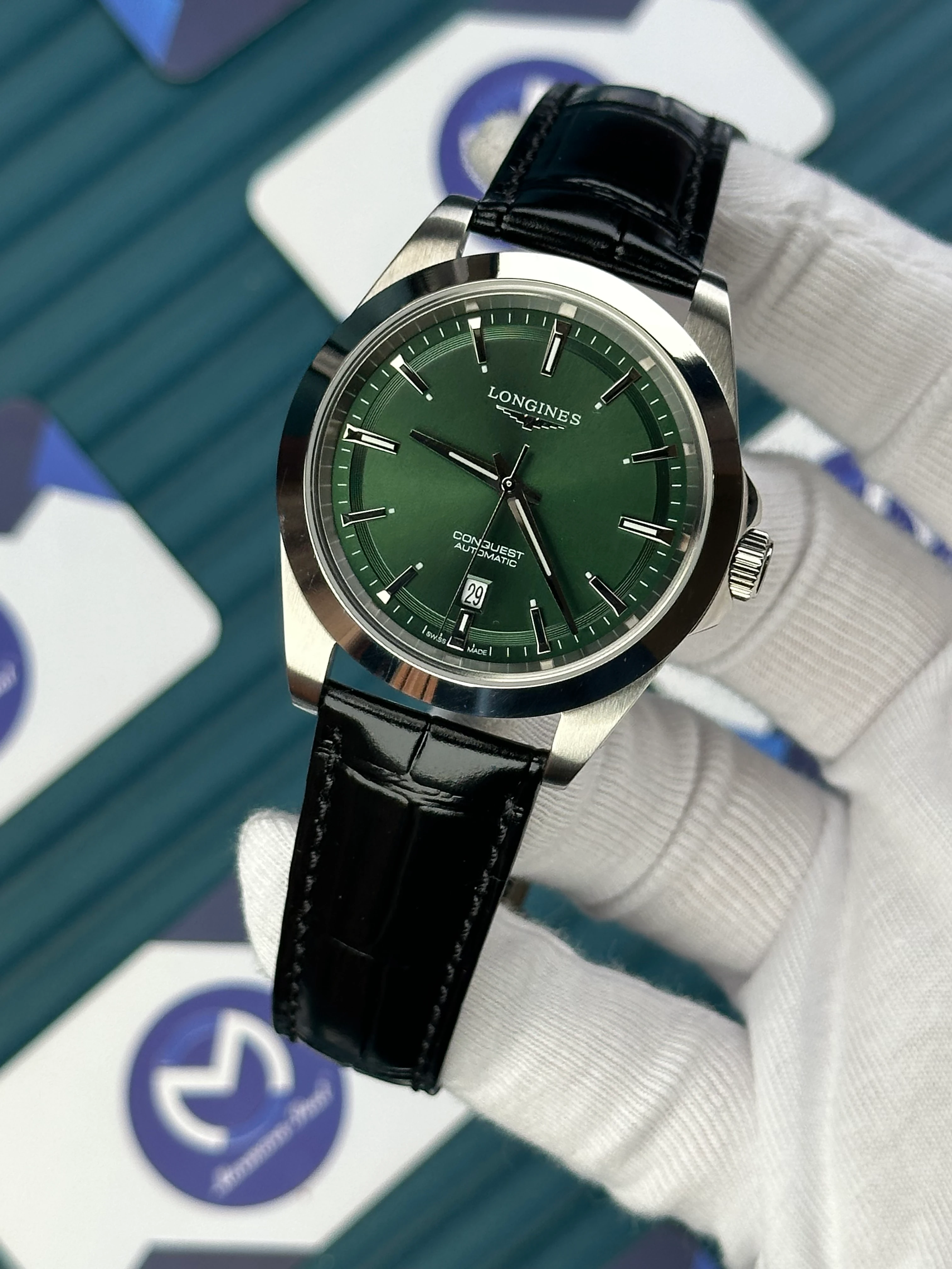 LONGINES CONQUEST AUTOMATIC GREEN DIAL SILVER CASE BLACK LEATHER 