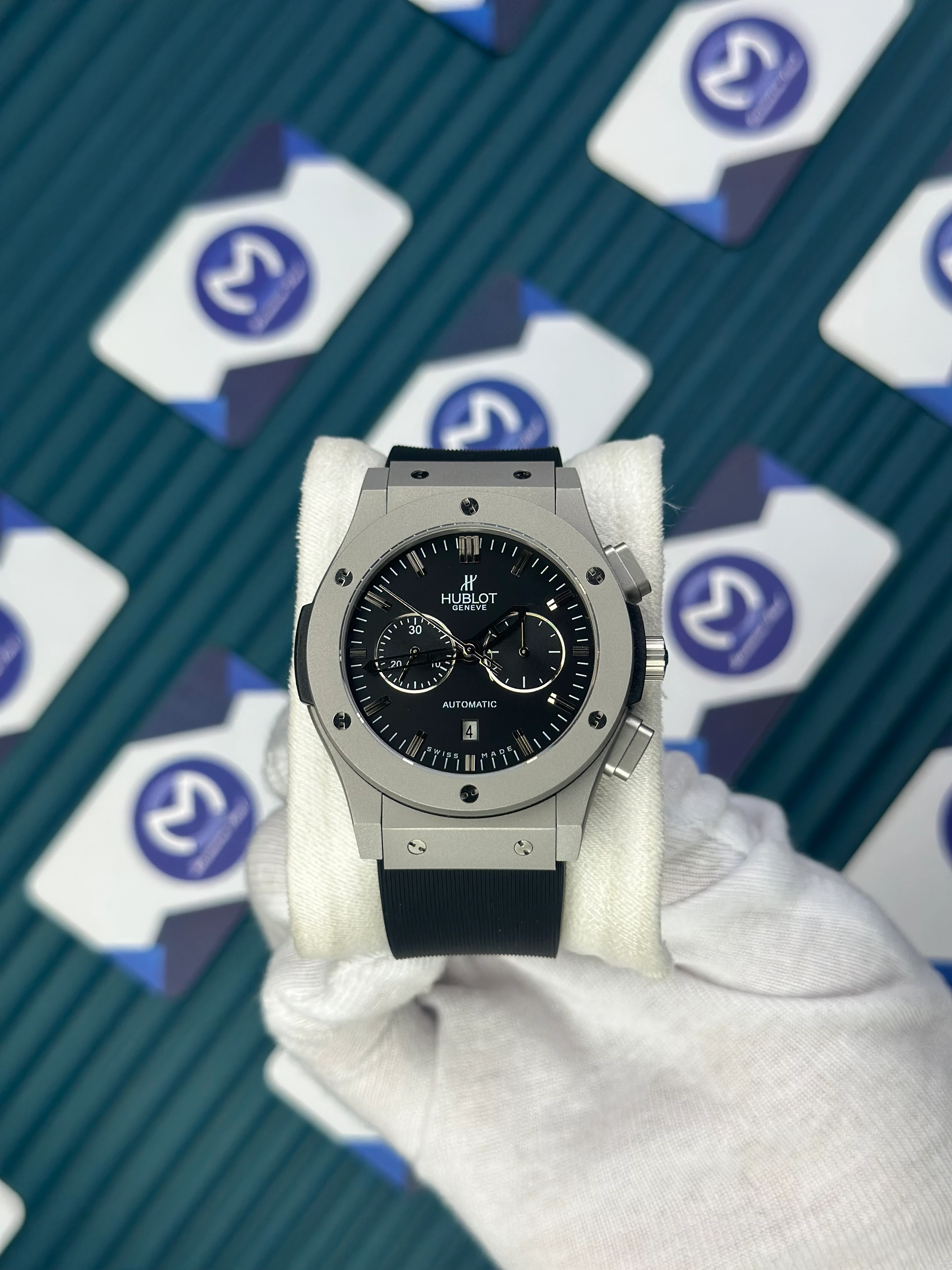 HUBLOT AUTOMATIC CLASIC VENDOME FUSHION BLACK DIAL CHRONOGRAP GREY CASE BLACK RUBBER