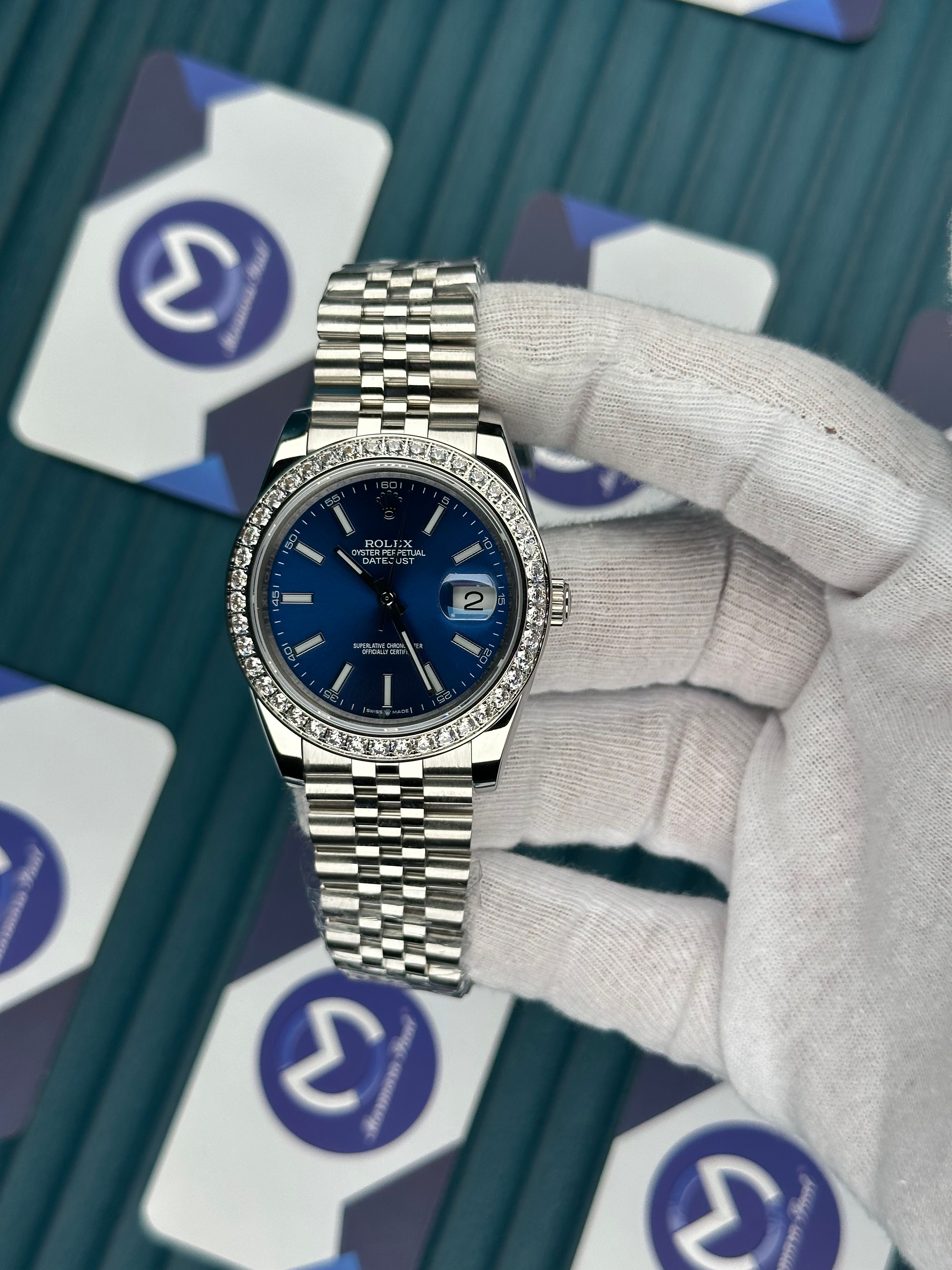 ROLEX DATEJUST BLUE DIAL DIAMOND BEZEL SILVER JUBILE