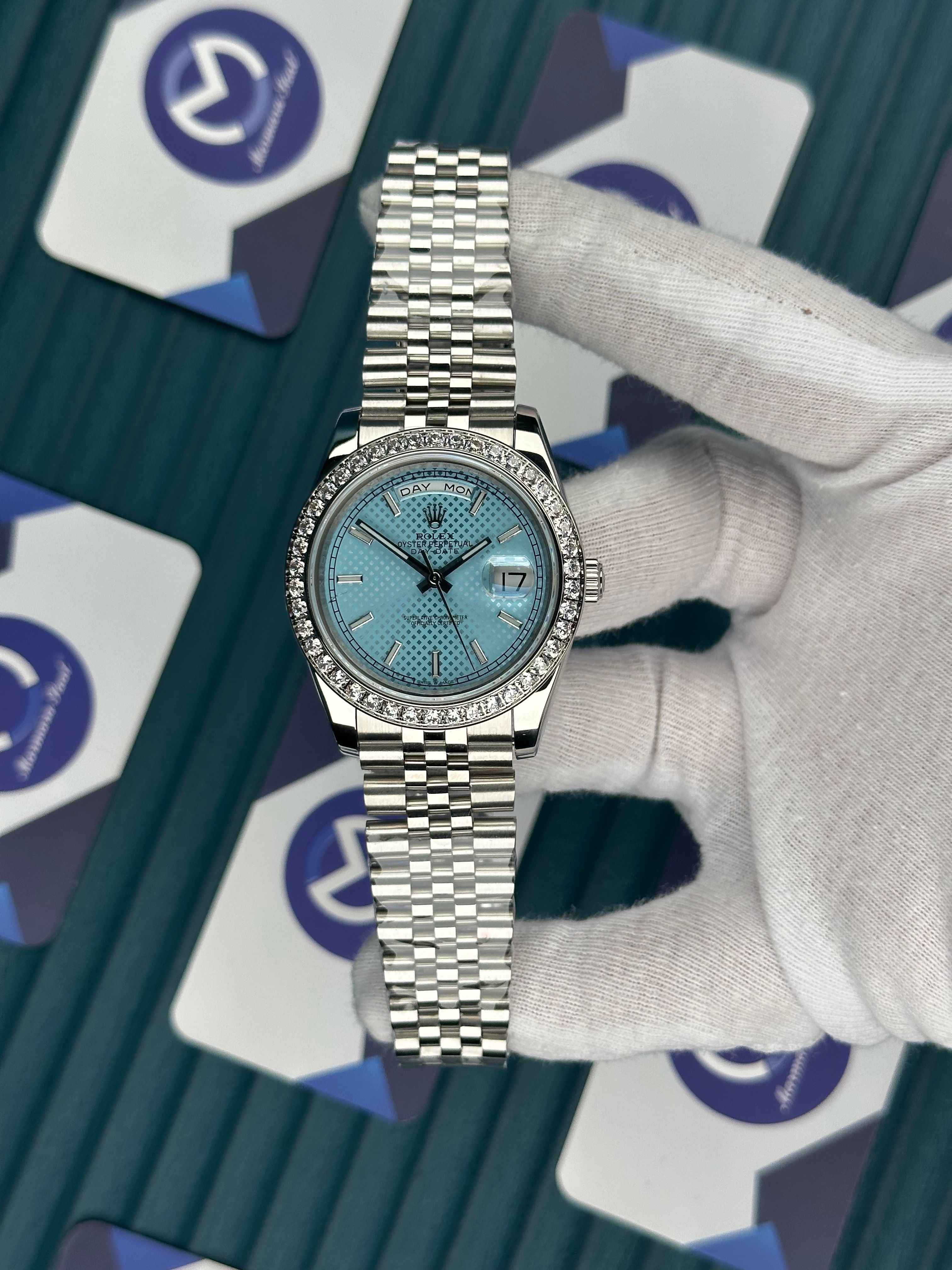 ROLEX DAY-DATE TIFFANY MOZAIK DIAL DIAMOND BEZEL SILVER JUBILE
