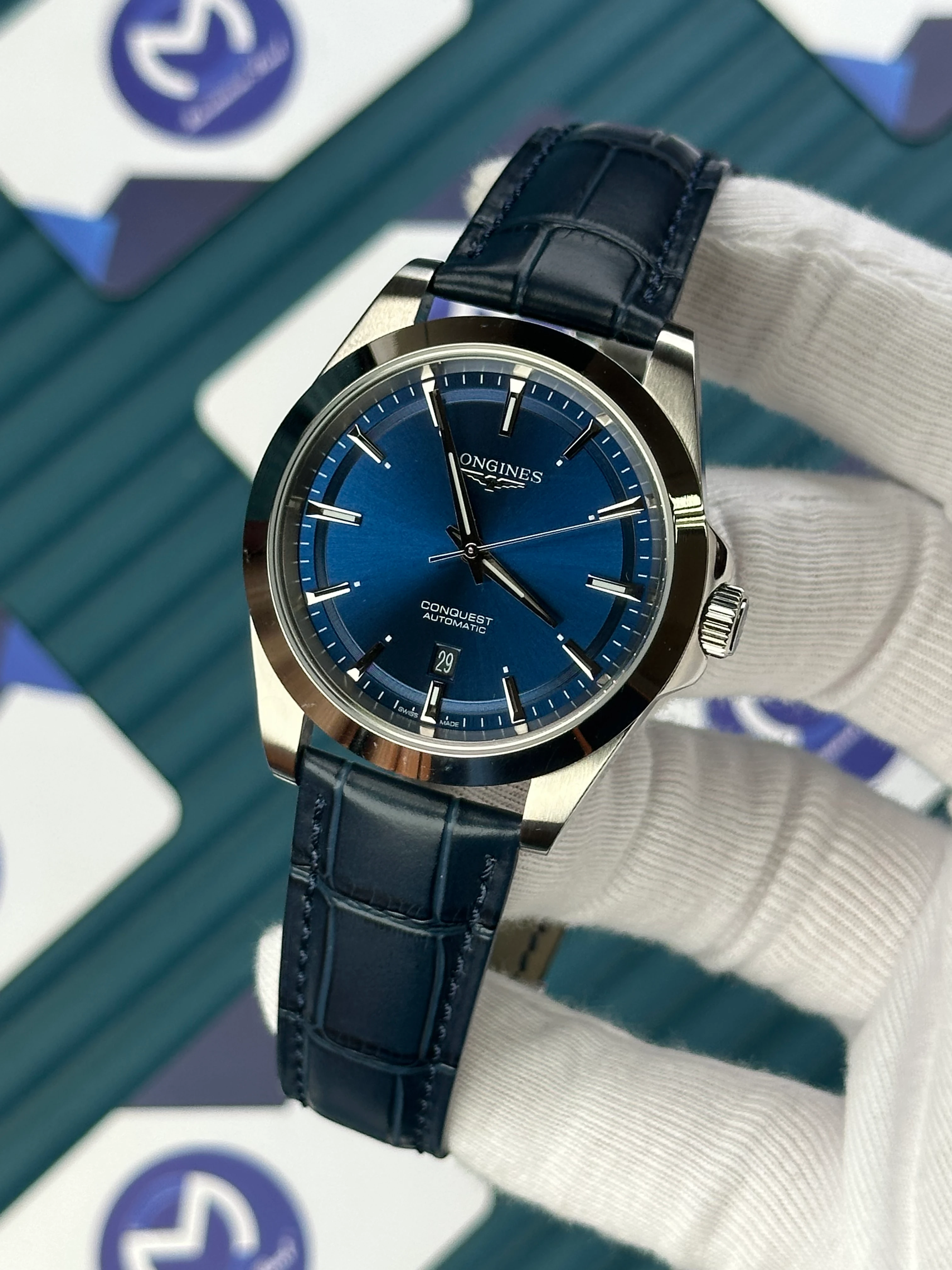 LONGINES CONQUEST AUTOMATIC BLUE DIAL SILVER CASE BLUE LEATHER 