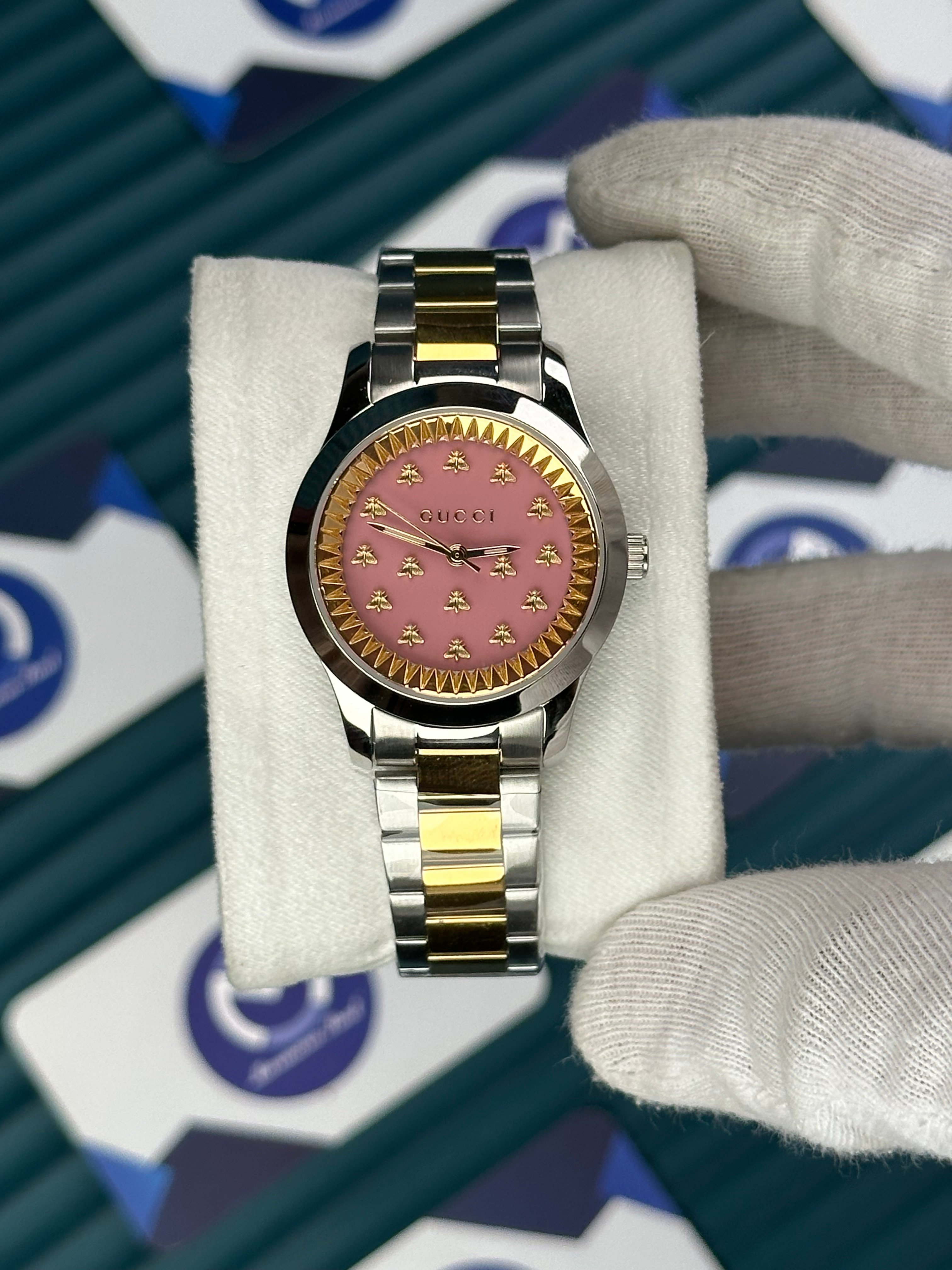GUCCI WOMAN PINK DIAL BUTTERFLY MOTIF GOLD-SILVER