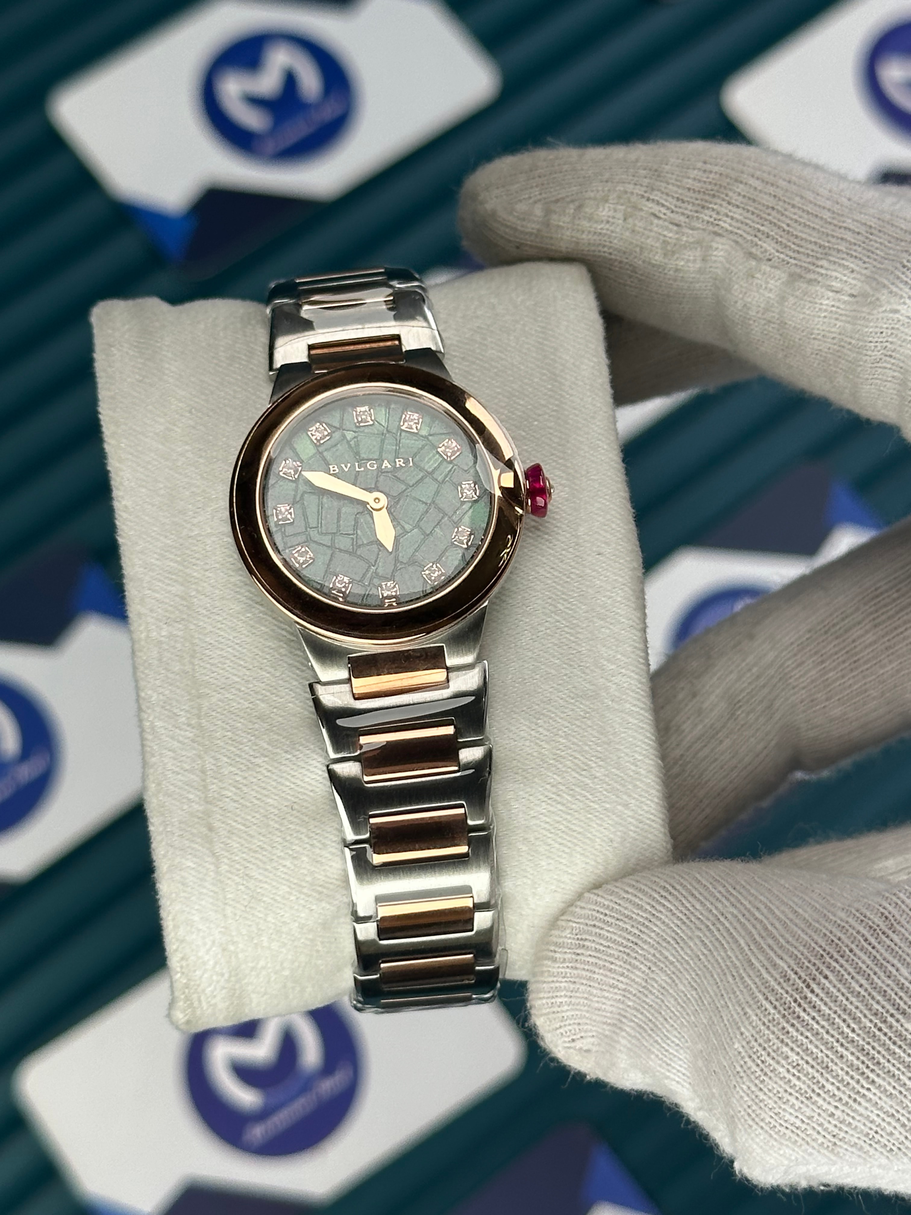 BVLGARI GREEN PATTERNED DIAL DIAMOND INDEX ROSE BEZEL ROSE-SILVER BRACELET