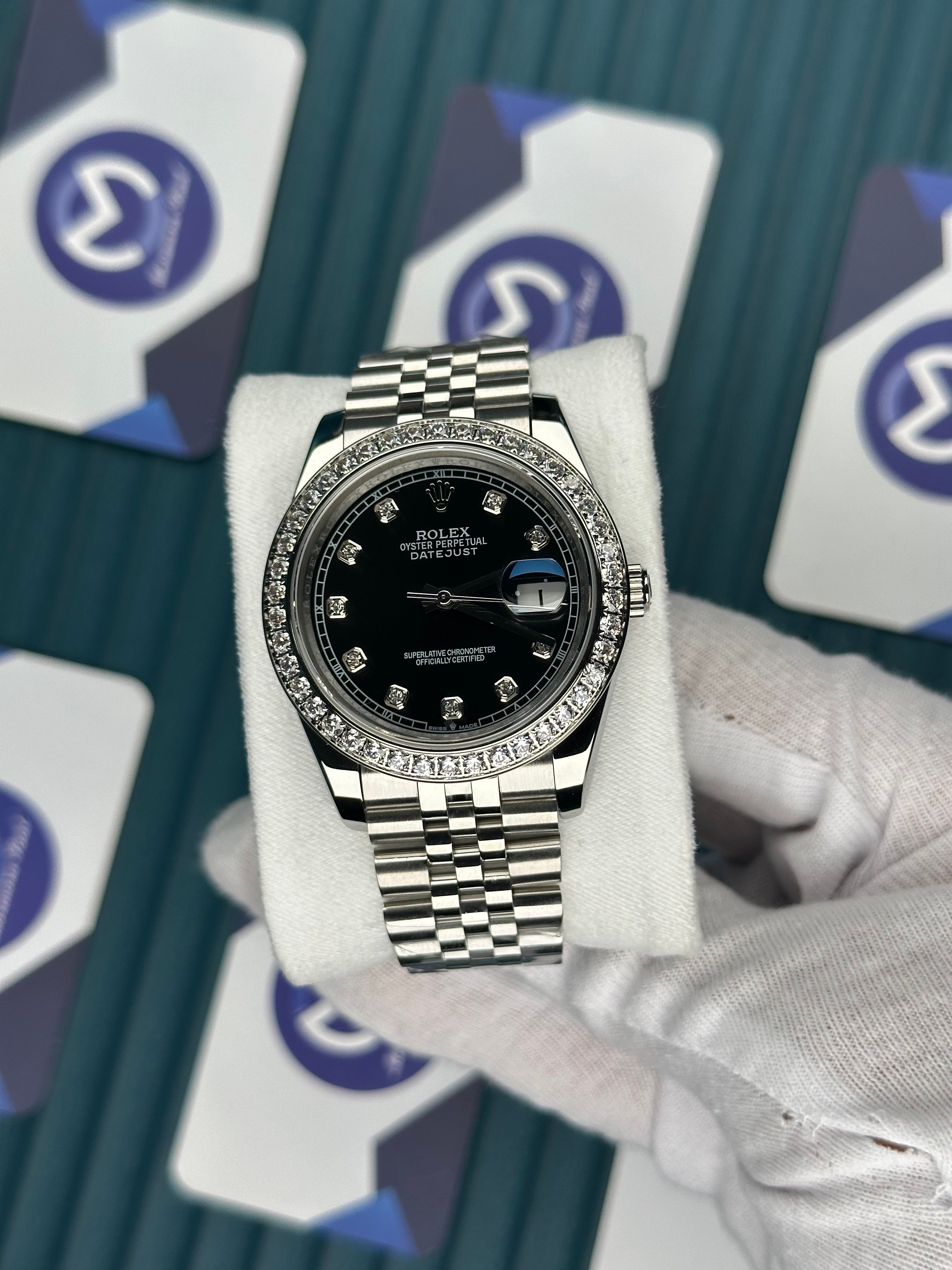 ROLEX DATEJUST BLACK DIAL DIAMOND INDEX AND BEZEL SILVER JUBILE