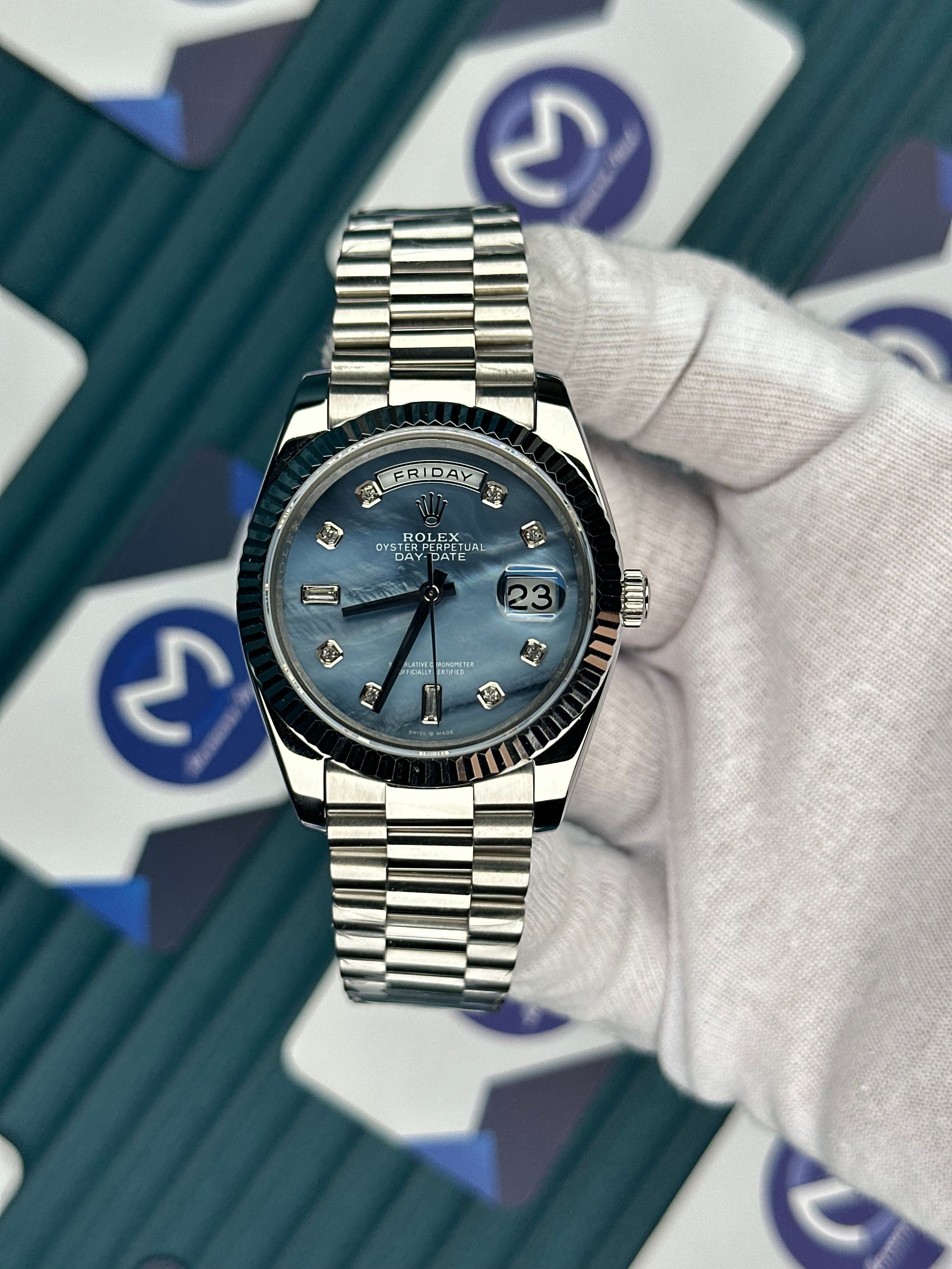 ROLEX DAY-DATE PATTERNED BLUE DIAL DIAMOND INDEX SILVER PRESIDENT