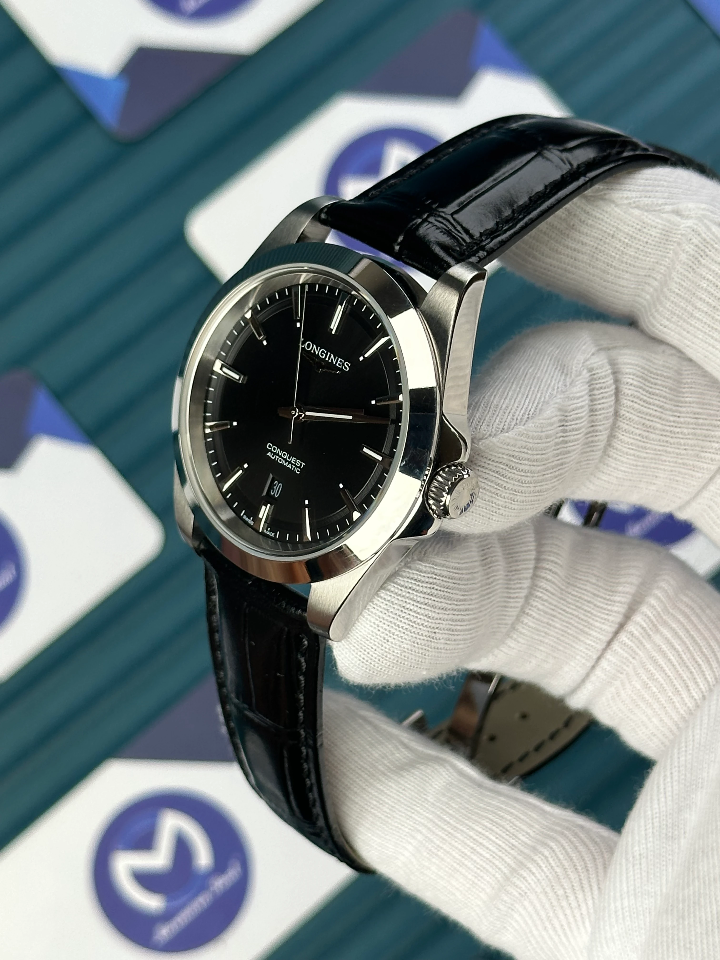 LONGINES CONQUEST AUTOMATIC BLACK DIAL SILVER CASE BLACK LEATHER 