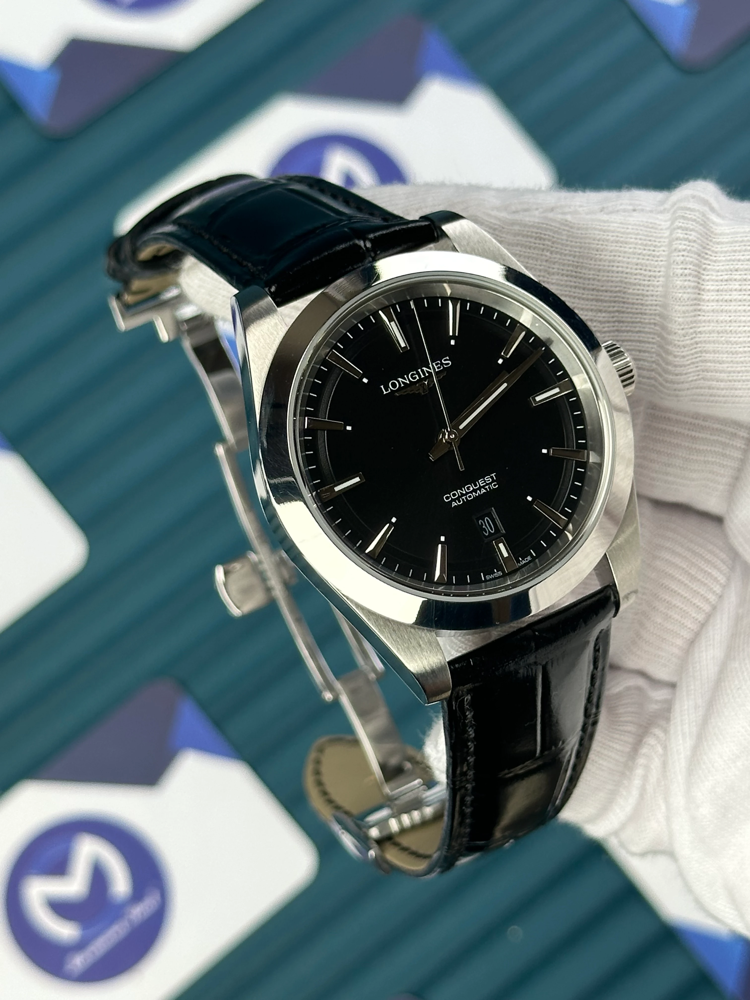 LONGINES CONQUEST AUTOMATIC BLACK DIAL SILVER CASE BLACK LEATHER 
