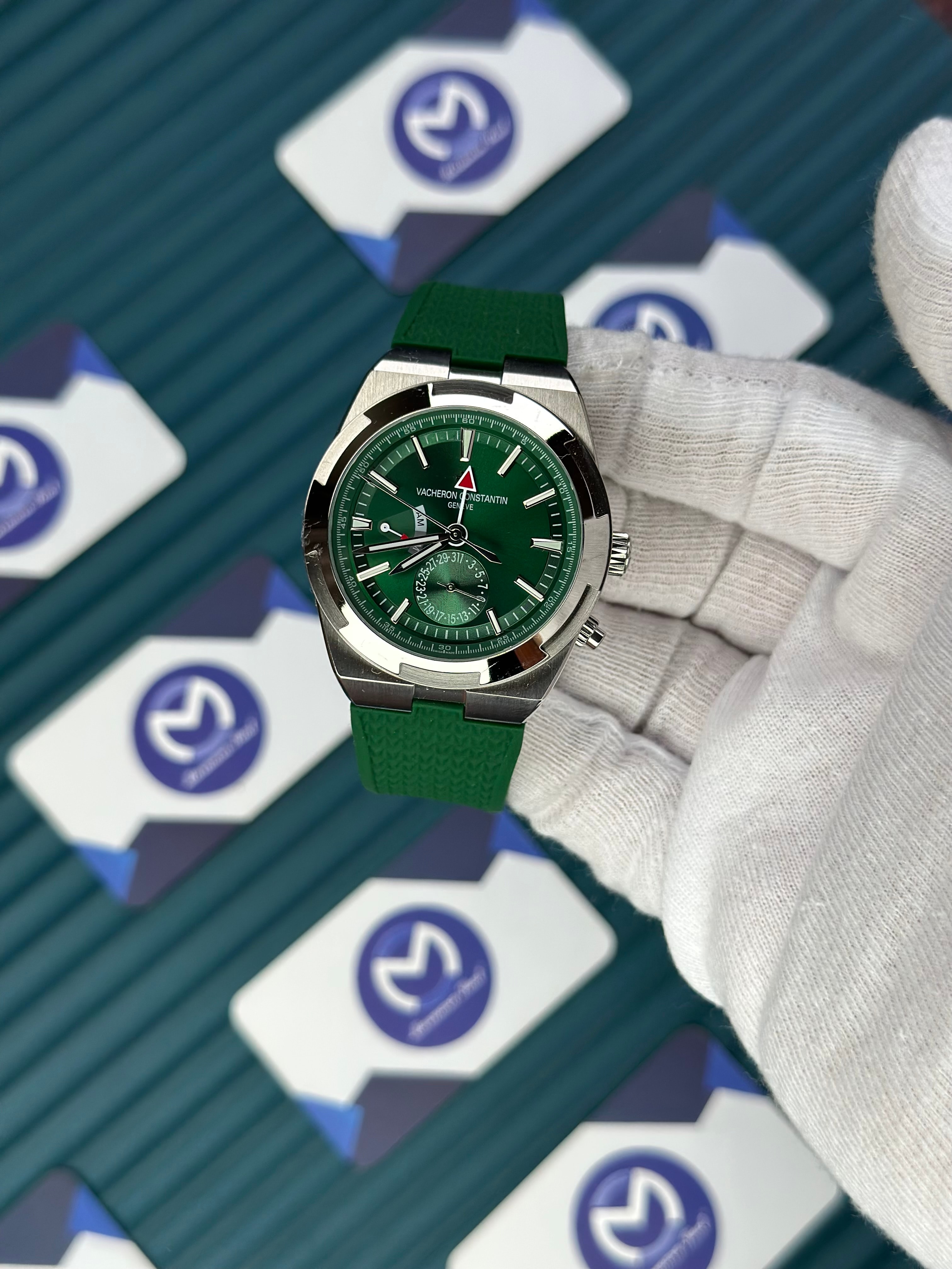 VACHERON CONSTANTIN GREEN DIAL SILVER CASE DUAL TIME OVERSEAS GREEN RUBBER