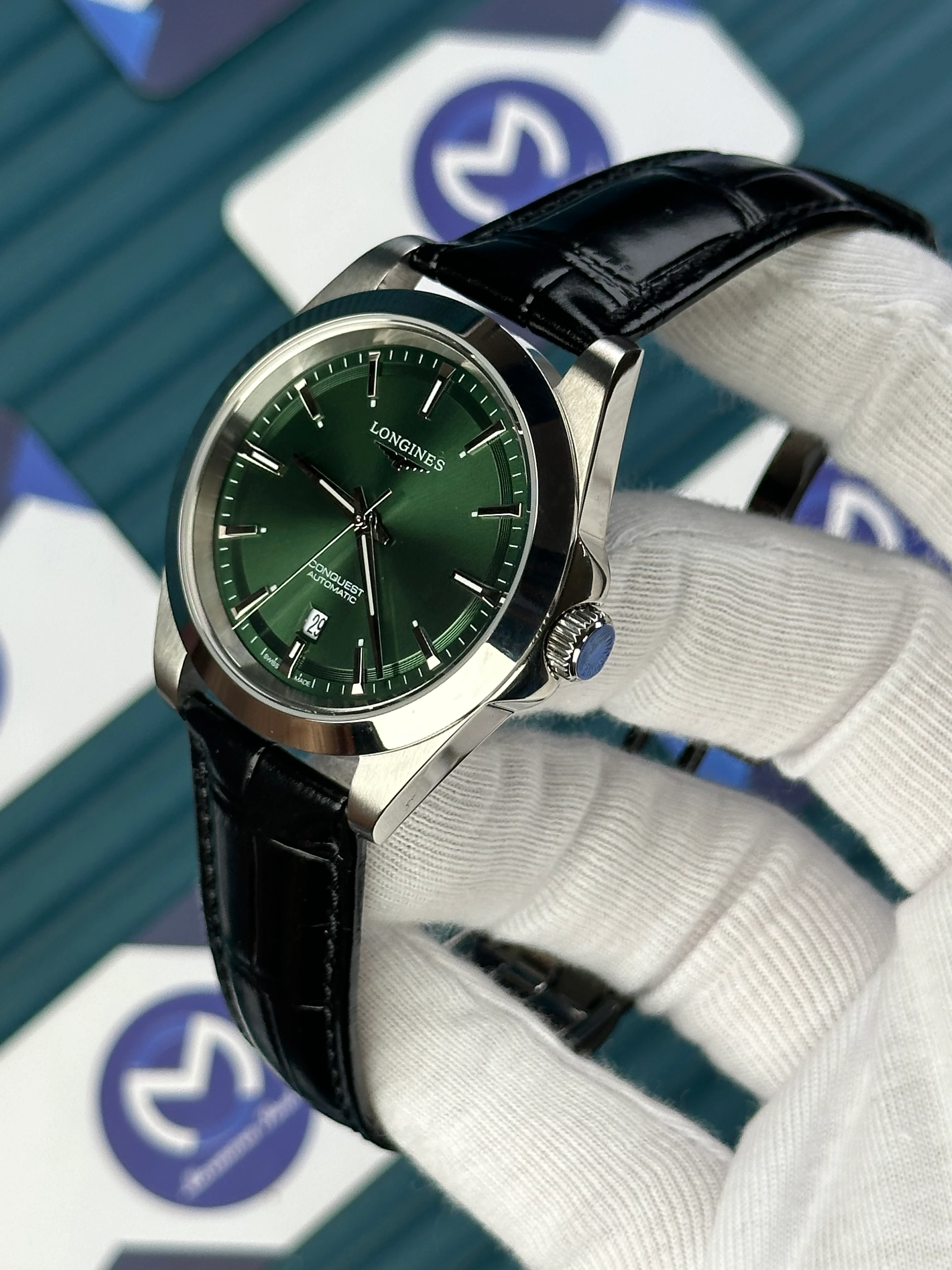 LONGINES CONQUEST AUTOMATIC GREEN DIAL SILVER CASE BLACK LEATHER 