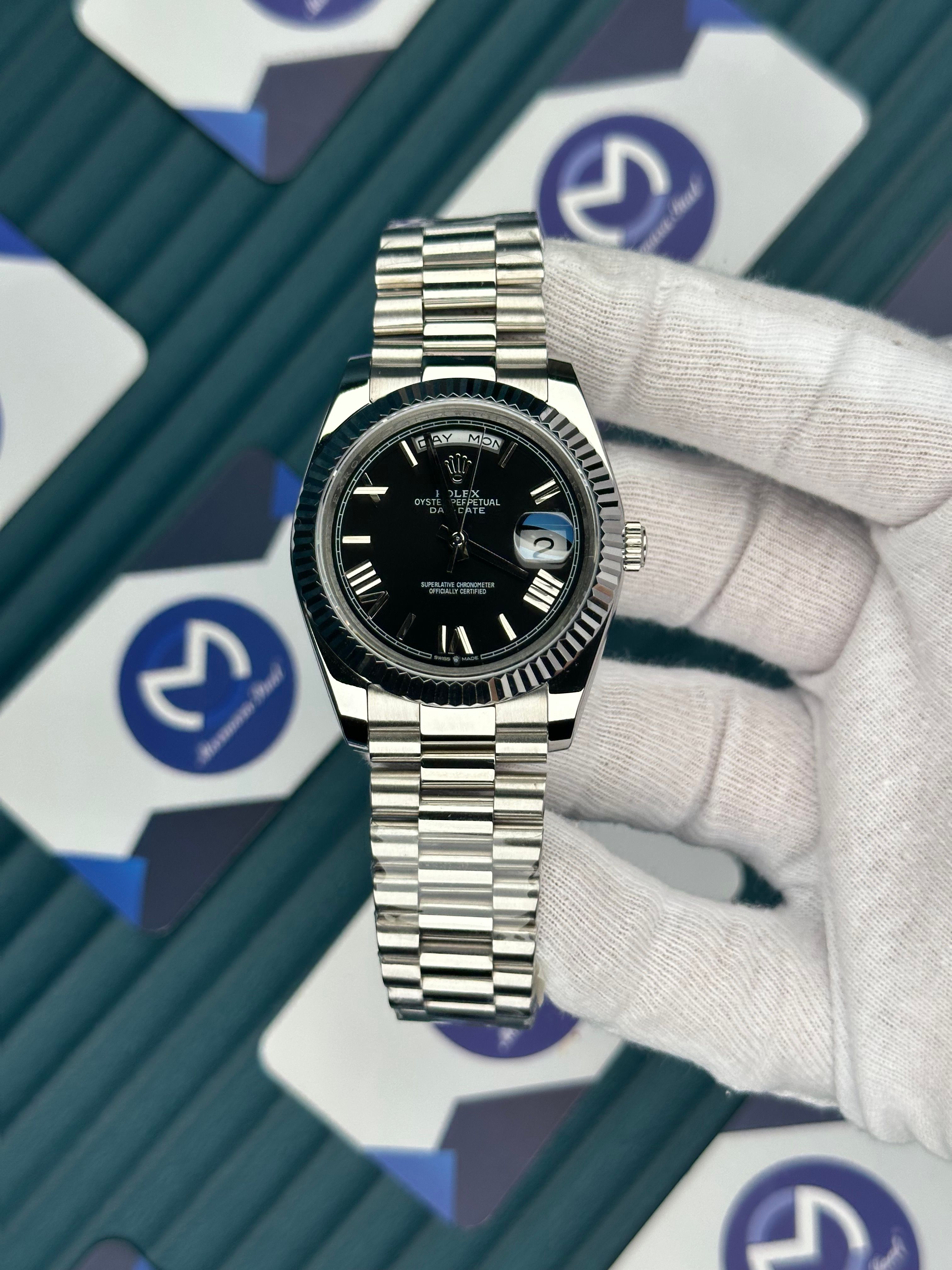 ROLEX DAY-DATE BLACK DIAL ROMA INDEX SILVER PRESIDENT