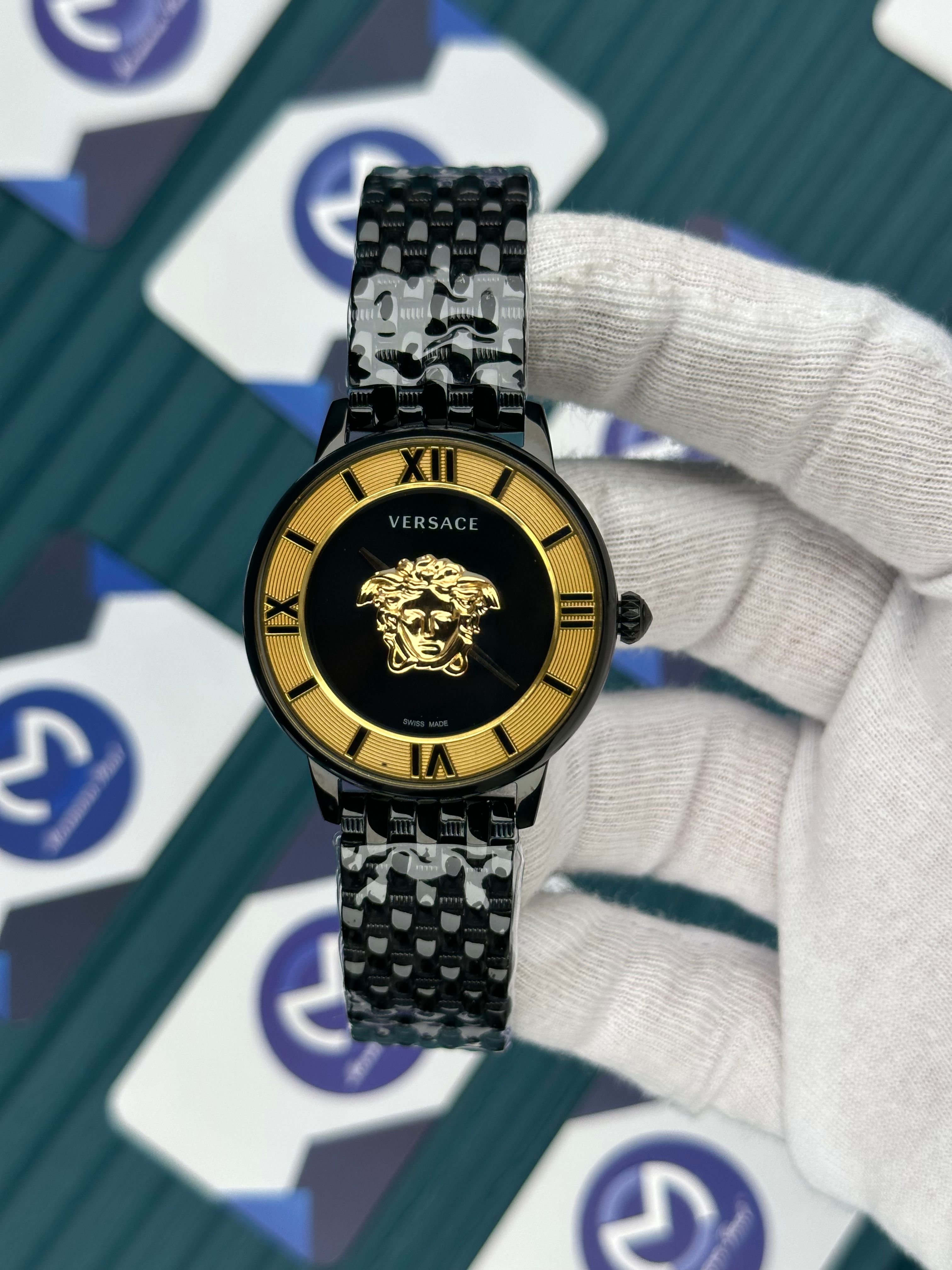 VERSACE 36 GOLD BLACK DIAL 3D BLACK JUBILE