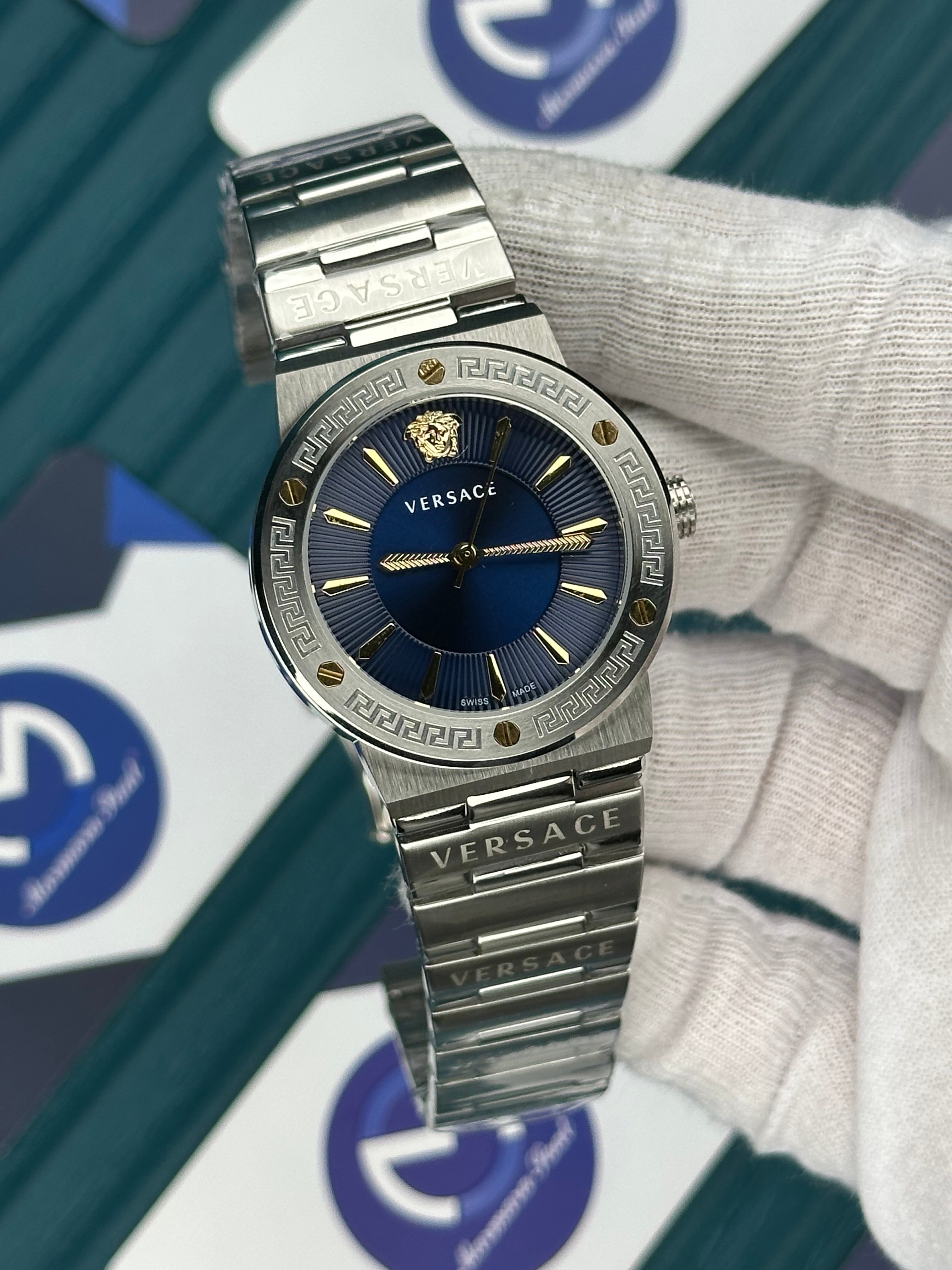 VERSACE 36 BLUE DIAL GOLD INDEX SILVER CORD